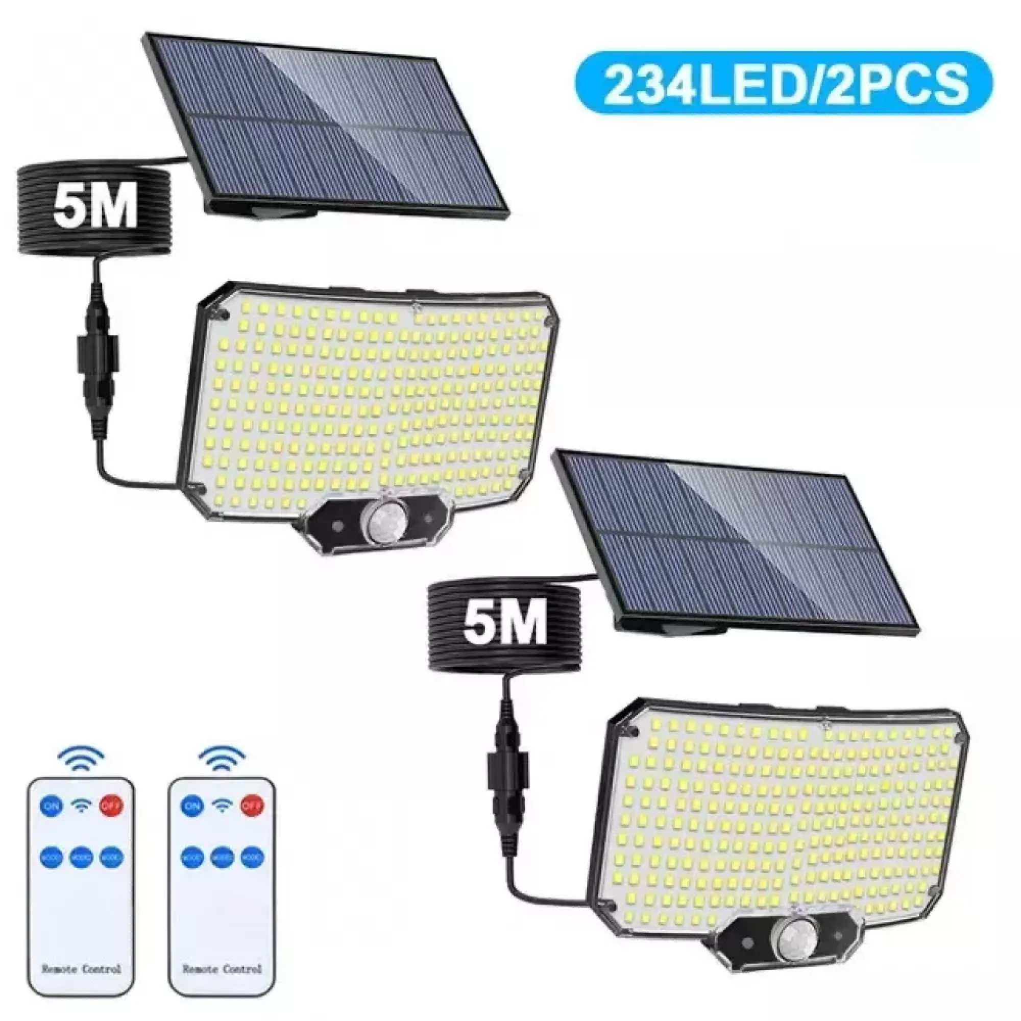 Zwei Solarleuchten mit 234 LEDs und Fernbedienungen, 5m Kabel.