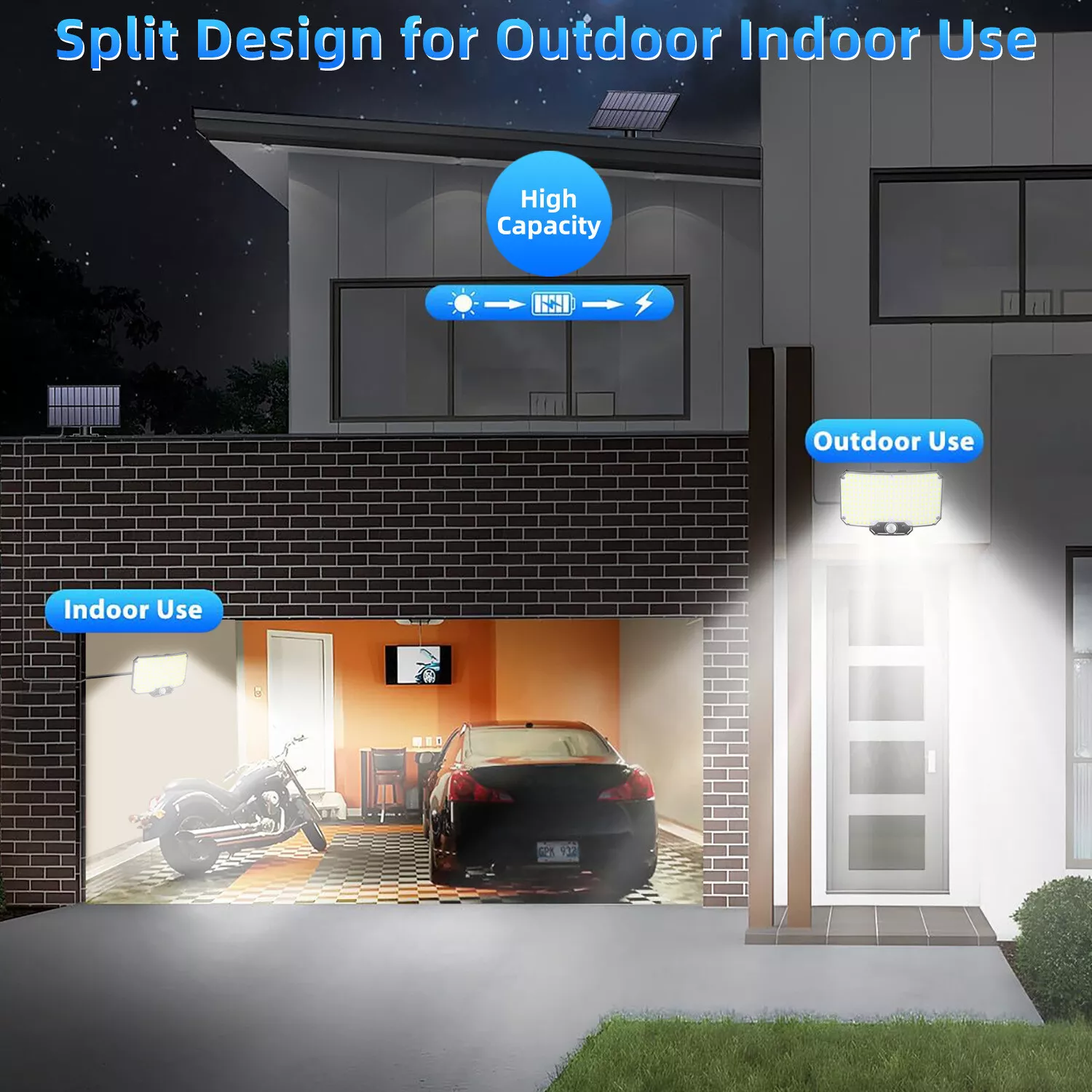 Split-Design-Außen-/Innenleuchte. Garage mit Motorrad, Auto und Außenbeleuchtung.