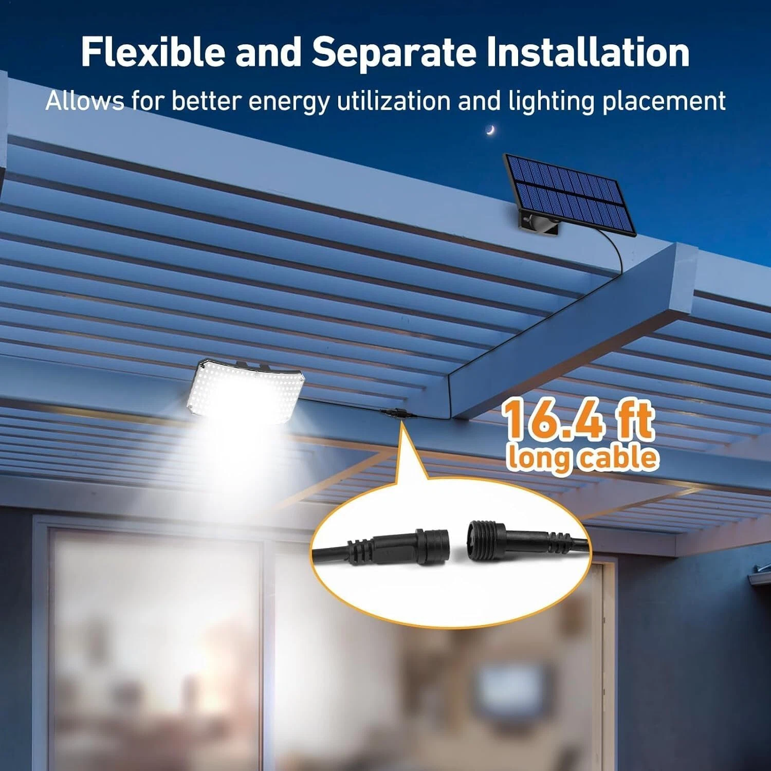 Ein Solarpanel und ein helles Licht sind an einer Pergola montiert. Ein 16,4 Fuß langes Kabel wird gezeigt.