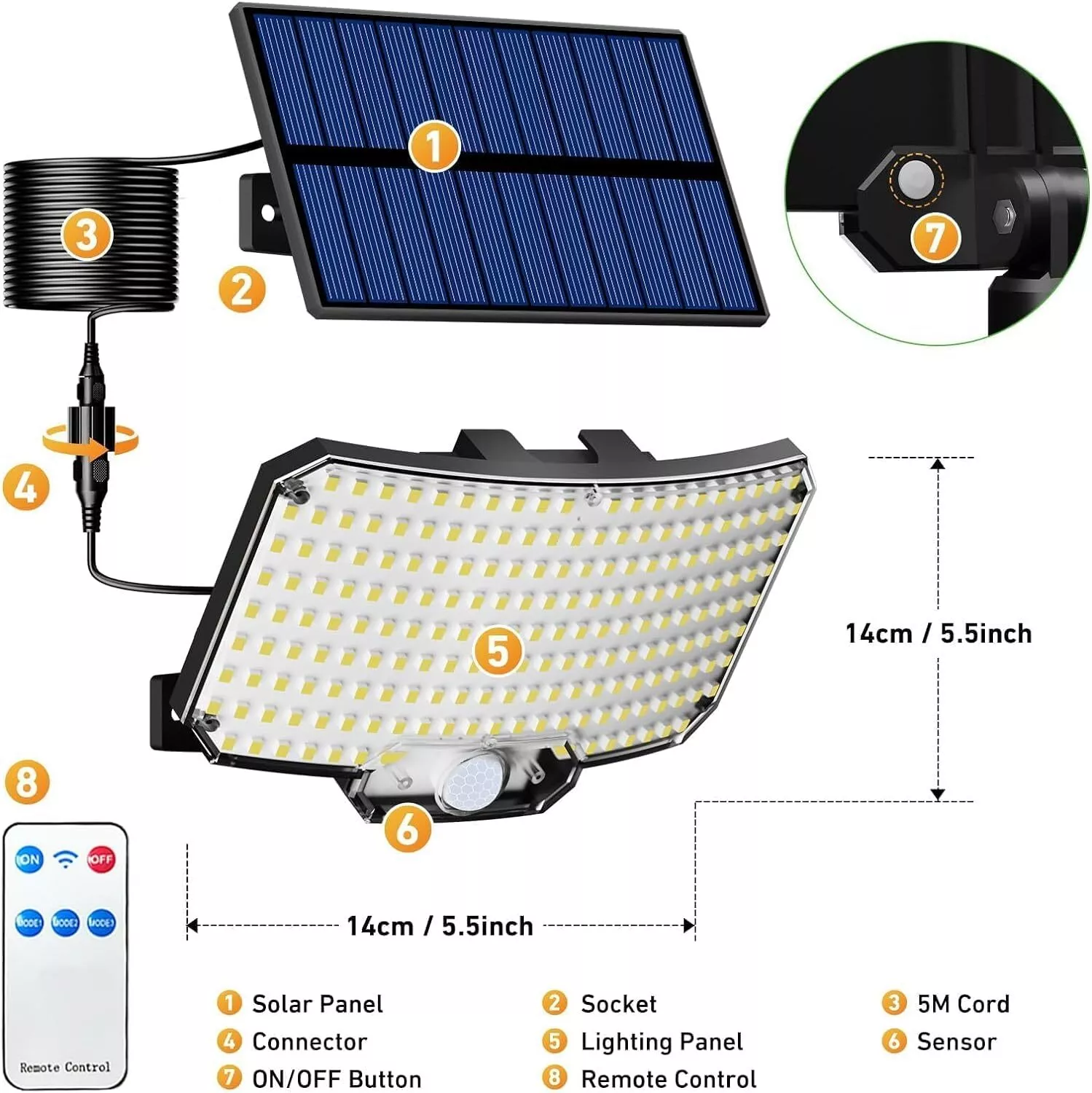 Solarleuchte mit Paneel, Kord, Fernbedienung und Sensor