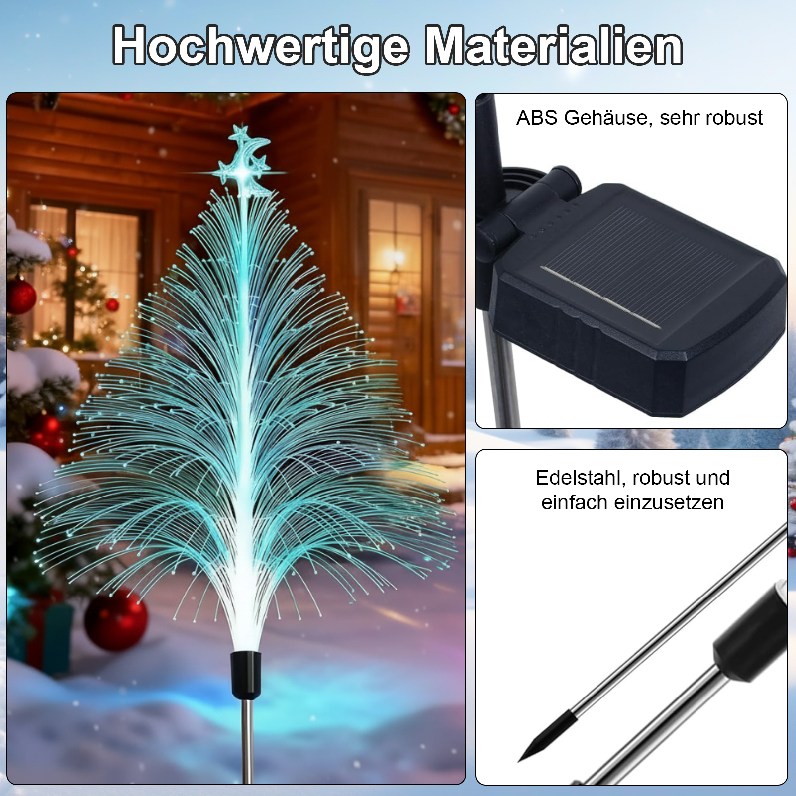 Leuchtender Faserbaum im Schnee vor Haus, Solarpanel und Stab.