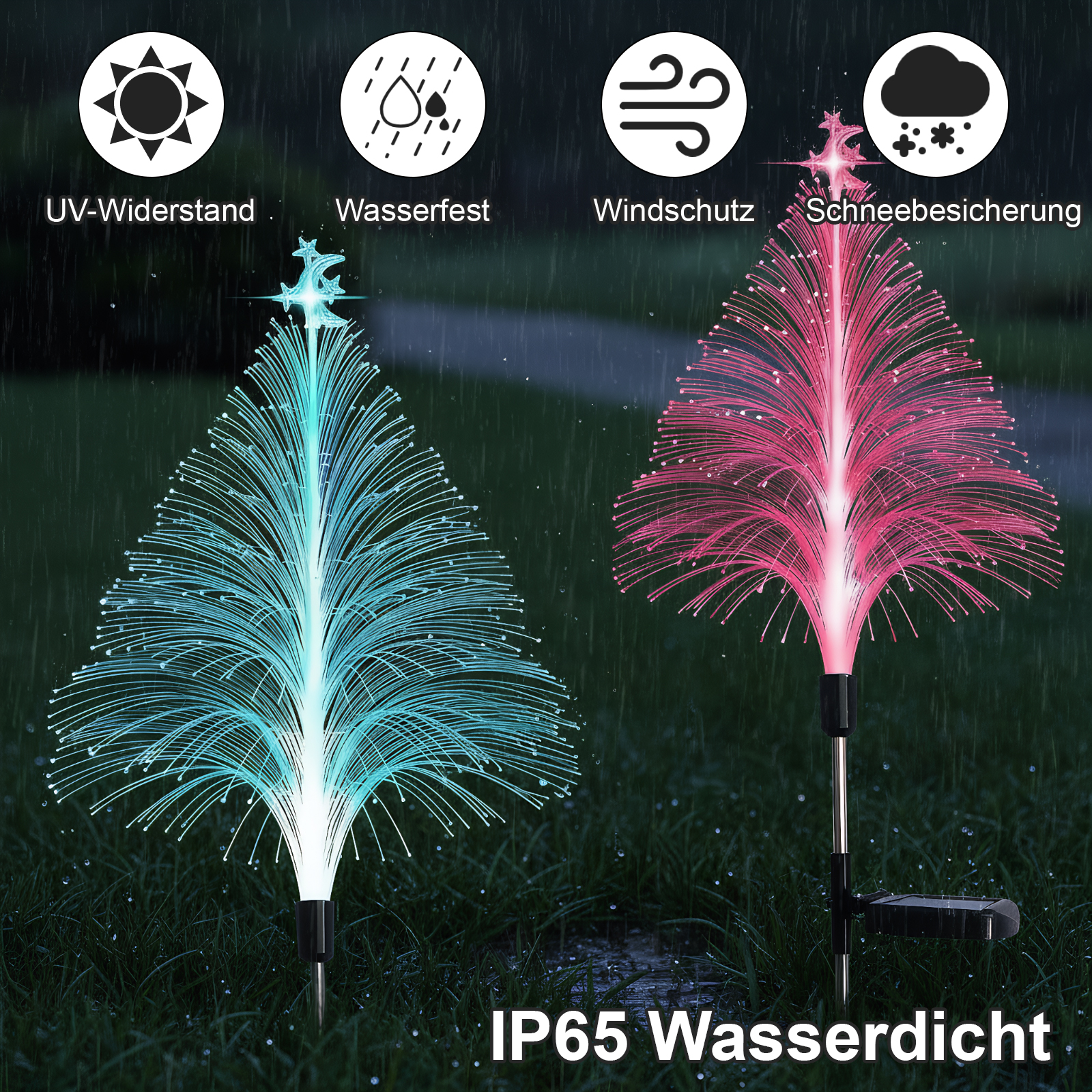 Zwei leuchtende Outdoor-Dekorationen in Baumform, blau und pink, im Regen.