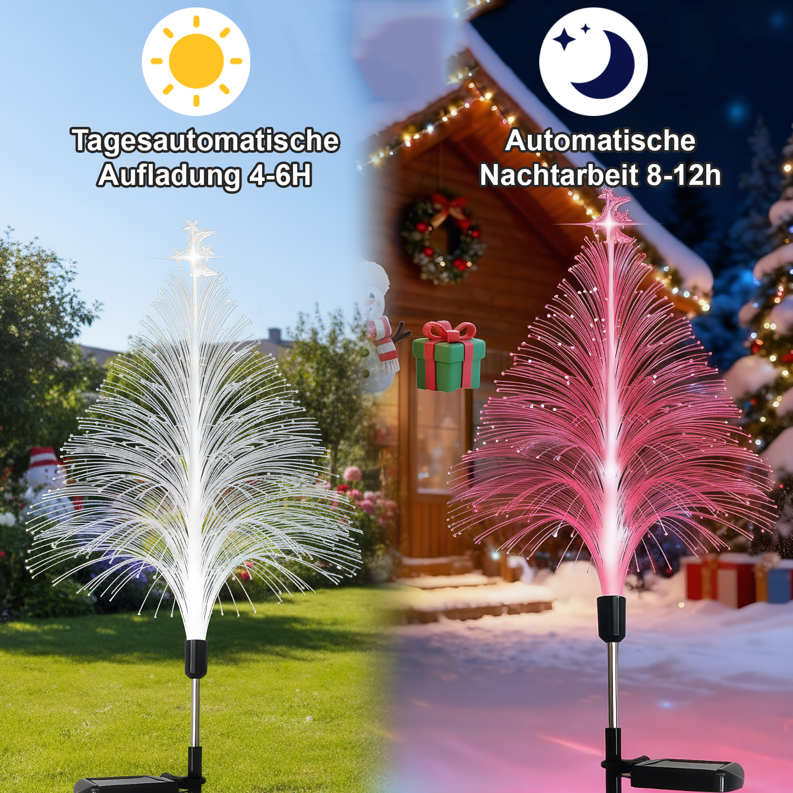 Zwei Szenen: weier Baum im Garten, roter Baum im Schnee vor Häusern.