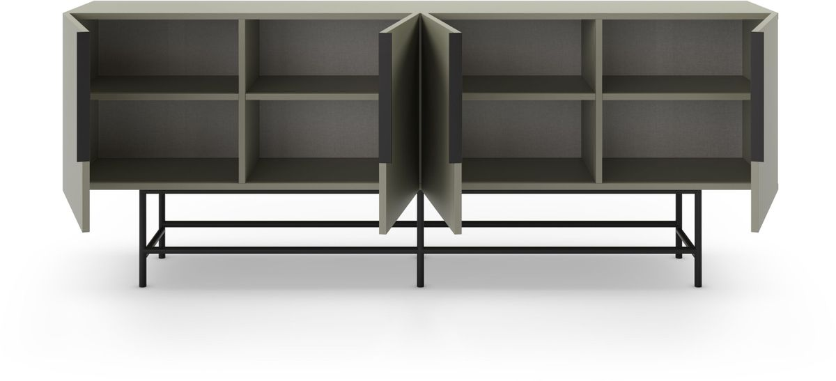 Ein hellgraues Sideboard mit offenen Fächern und schwarzen Metallbeinen.