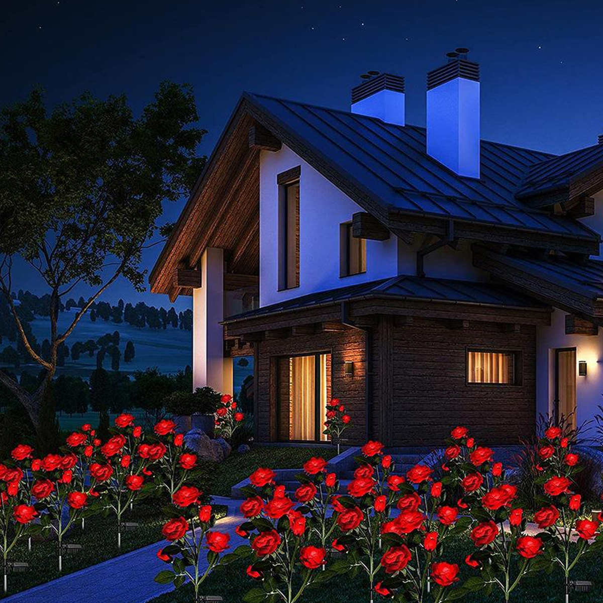 Ein Haus bei Nacht mit vielen roten Rosenlampen im Vorgarten.