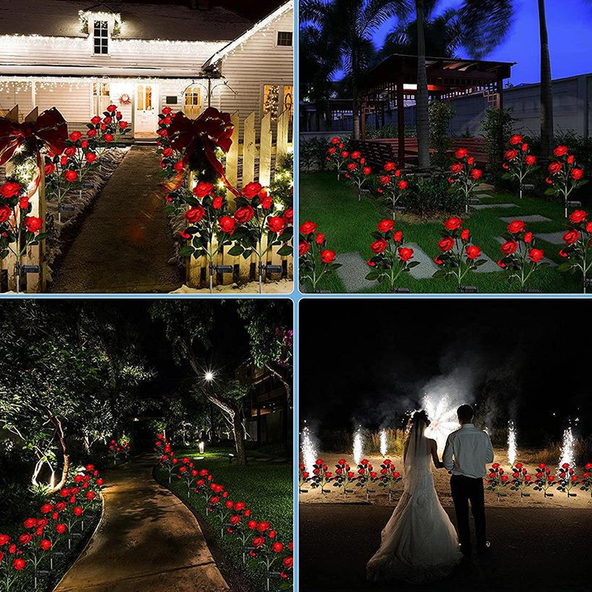 Gartenweg mit Rosenlichtern vor Haus, Pavillon und Hochzeitsfeier mit Feuerwerk.