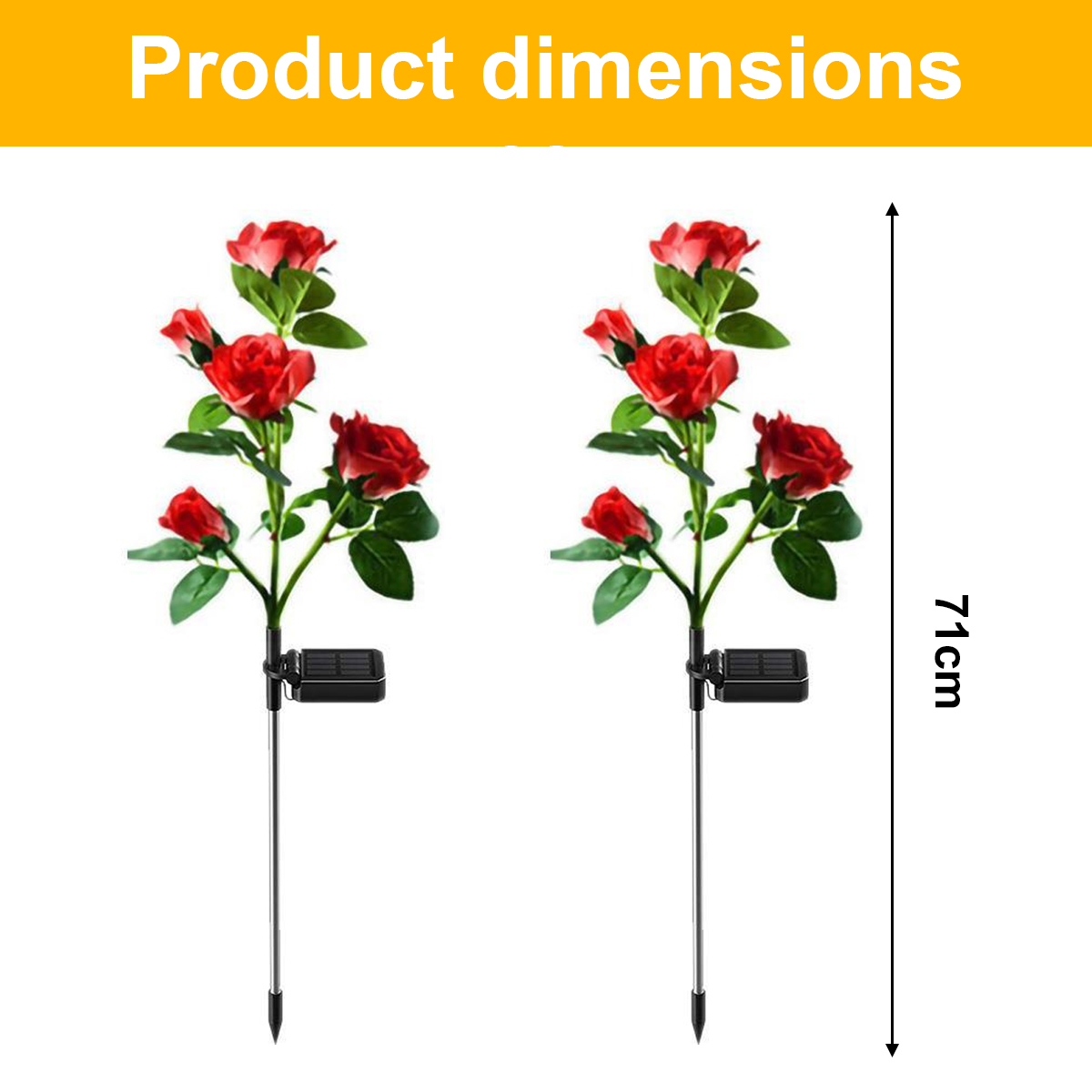 Zwei solarbetriebene rote Rosen-Staketleuchten, 71 cm hoch, auf weißem Grund.
