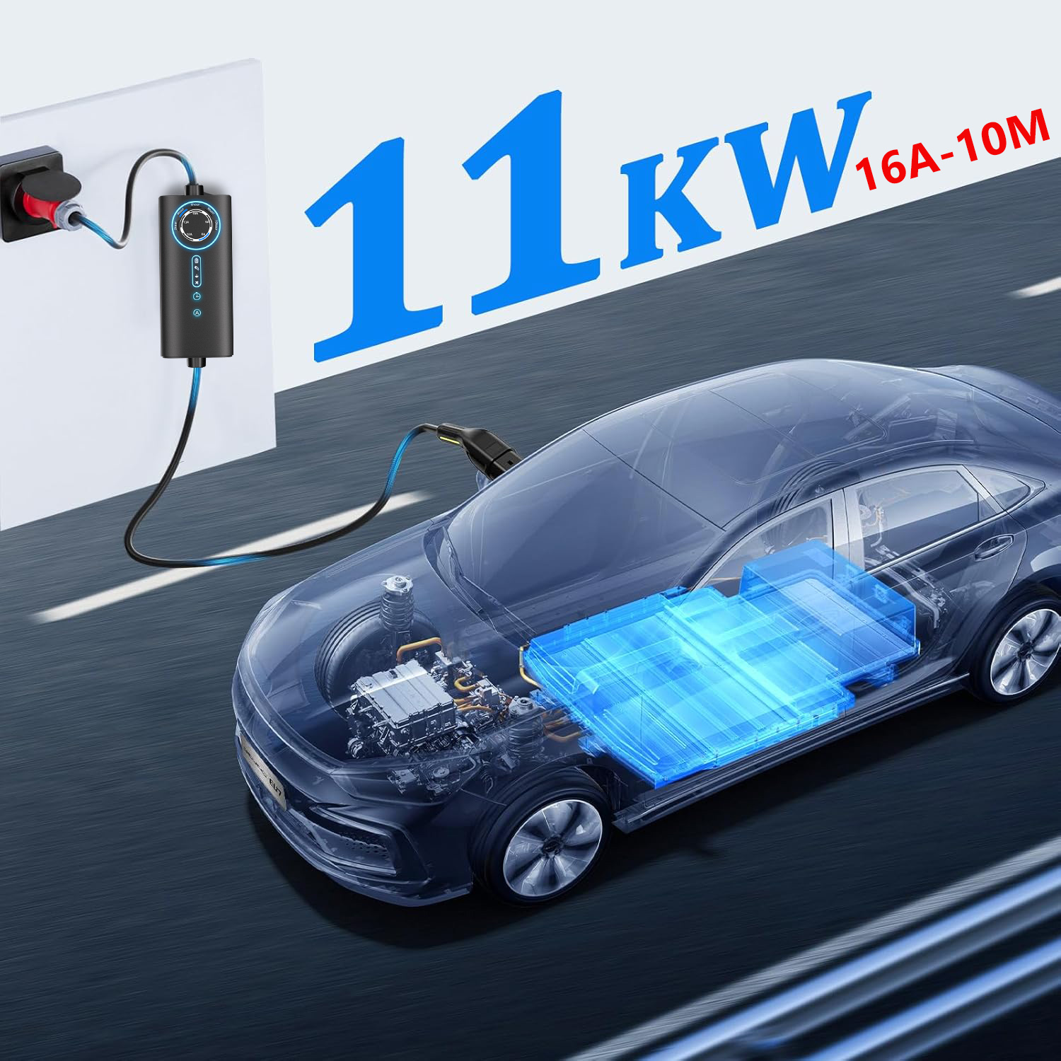 Ein Elektroauto wird geladen, mit hervorgehobener Batterie und Ladeeinheit.