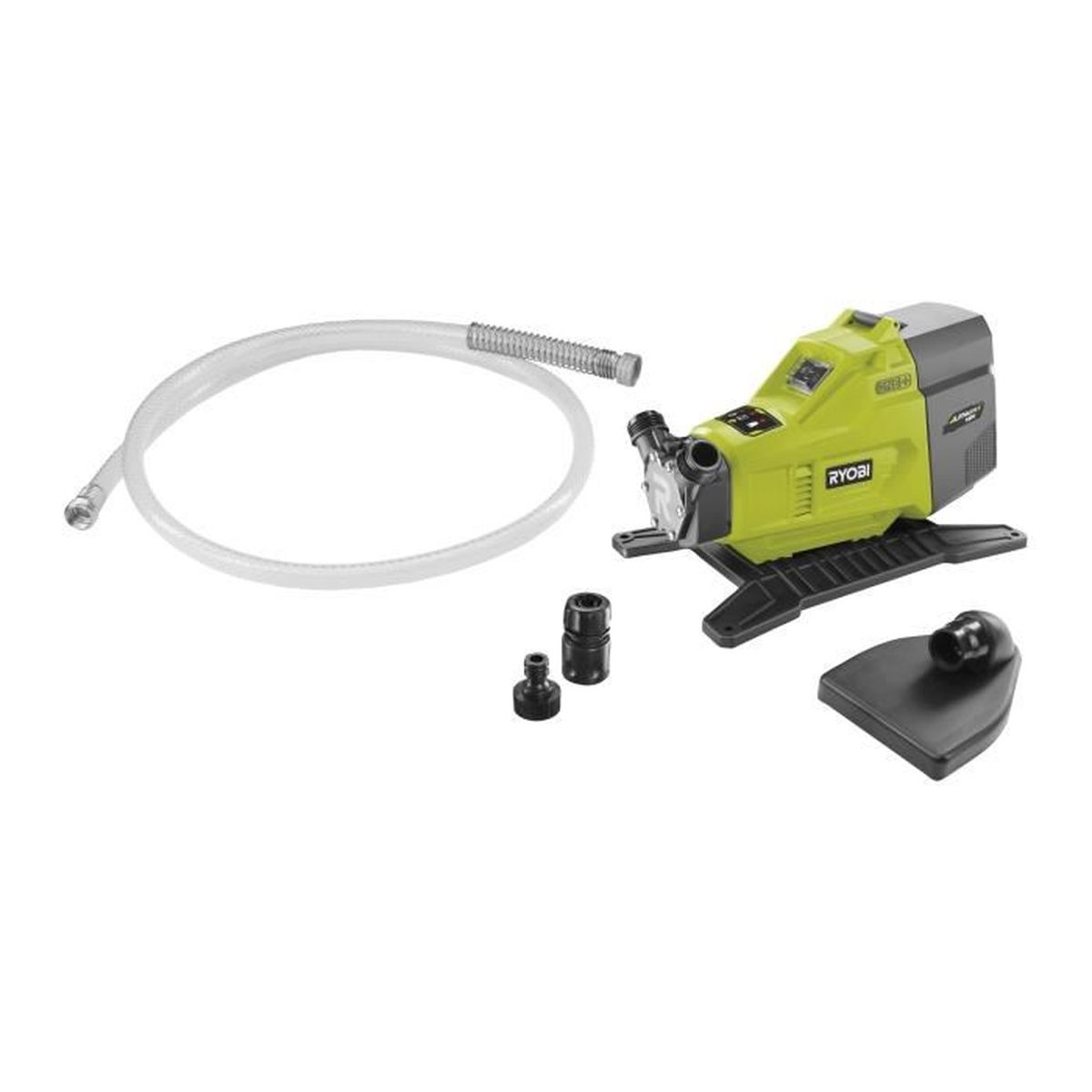 Ein gelber Ryobi-Wasserpumpen-Kit mit Schlauch und Adaptern.