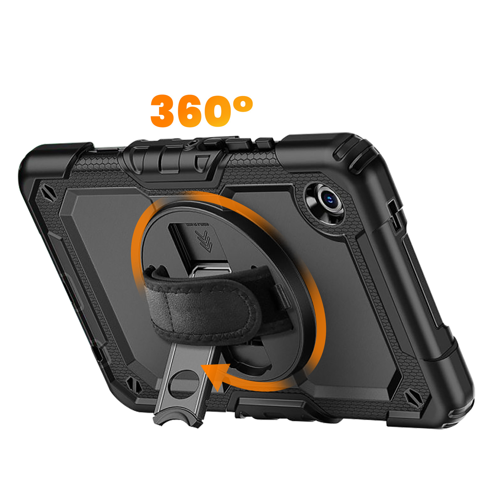 Schwarzes Tabletgehäuse mit 360-Grad-Ständer und Handschlaufe.