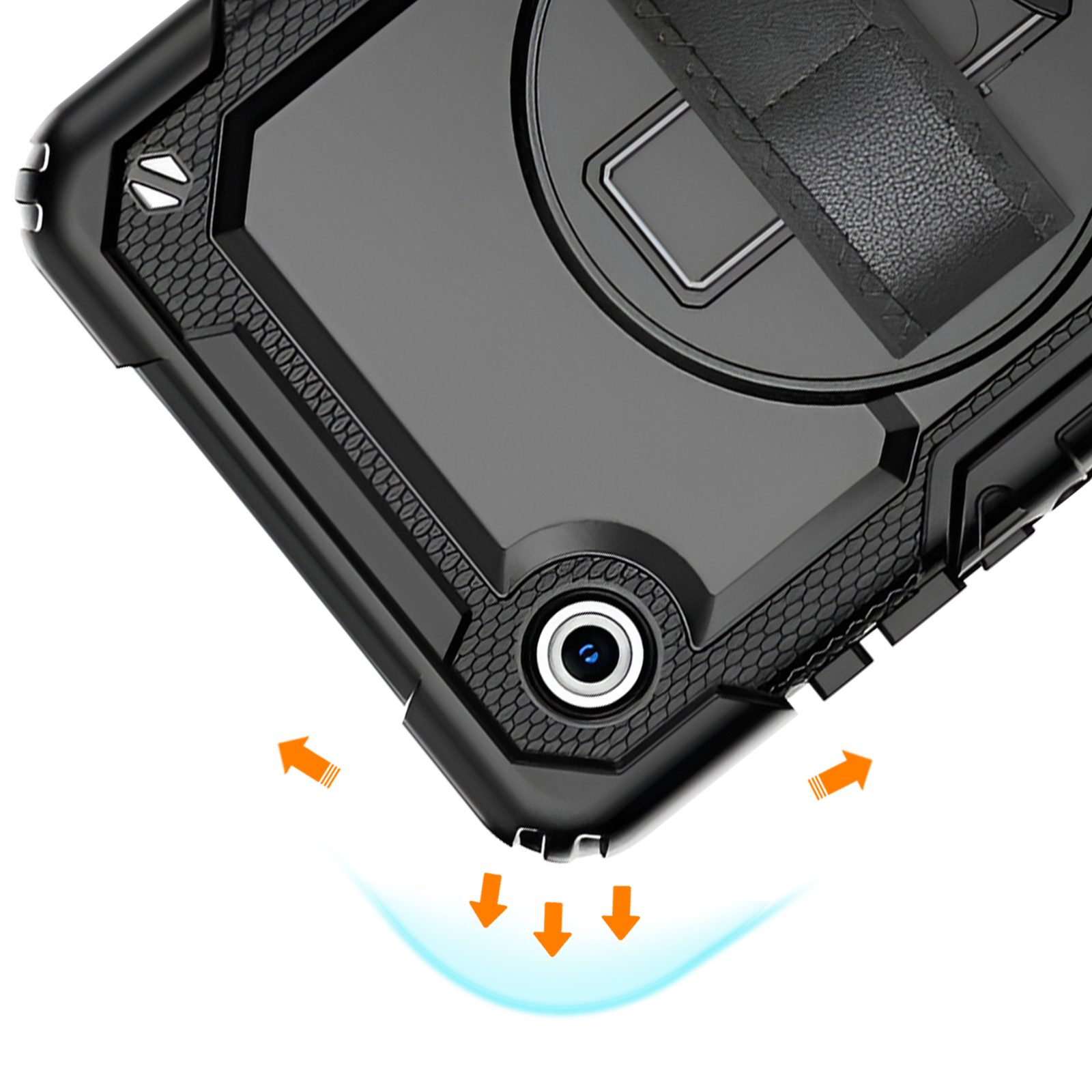 Schwarzes Tablet-Case mit Kameraobjektiv, Riemen und Pfeilen.