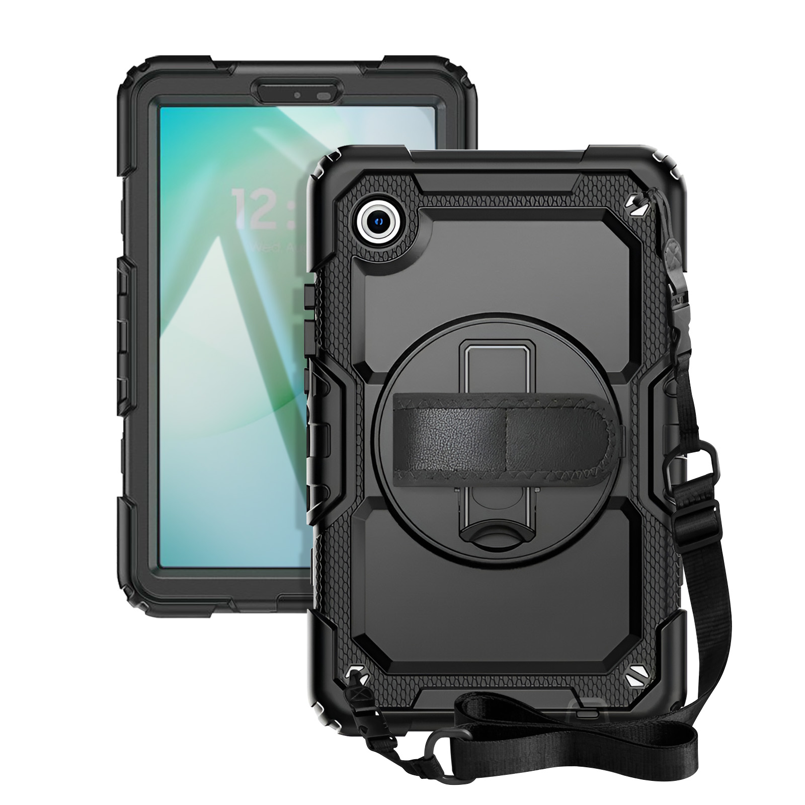 Schwarze Tablet-Hülle mit Ständer und Tragegurt, mit Tablet im Hintergrund.