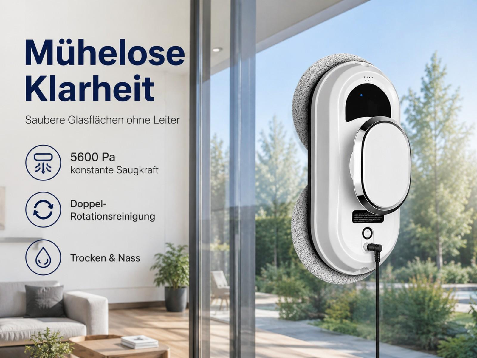 Ein weißer Fensterreinigungsroboter mit rotierenden Pads reinigt eine Glastür.