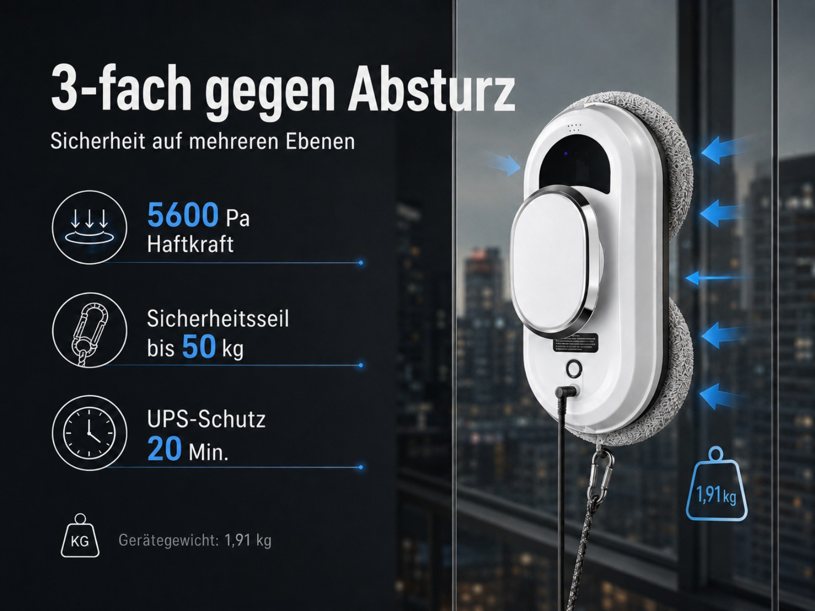 Fensterreinigungsroboter mit 5600 Pa Saugkraft, 50 kg Sicherheitsseil, 20 Min. UPS-Schutz, 1,91 kg Gewicht.