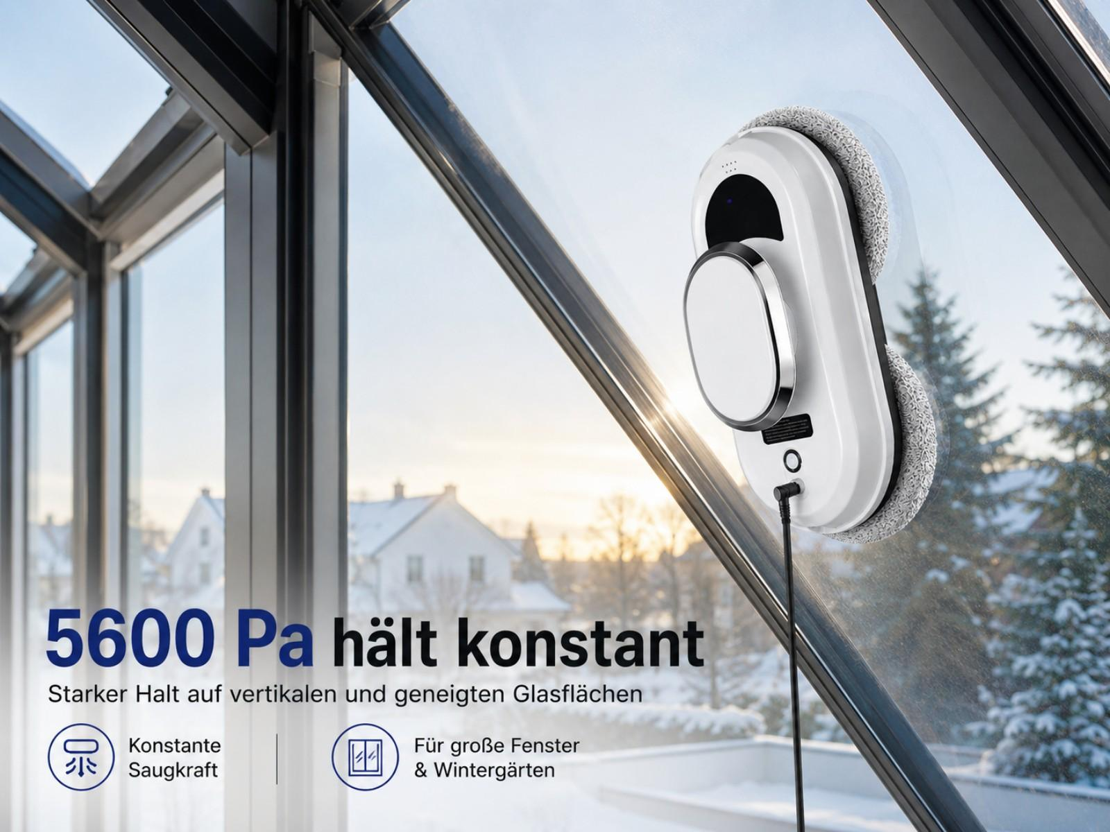 Ein weißer Fensterreinigungsroboter reinigt ein Fenster im Freien.
