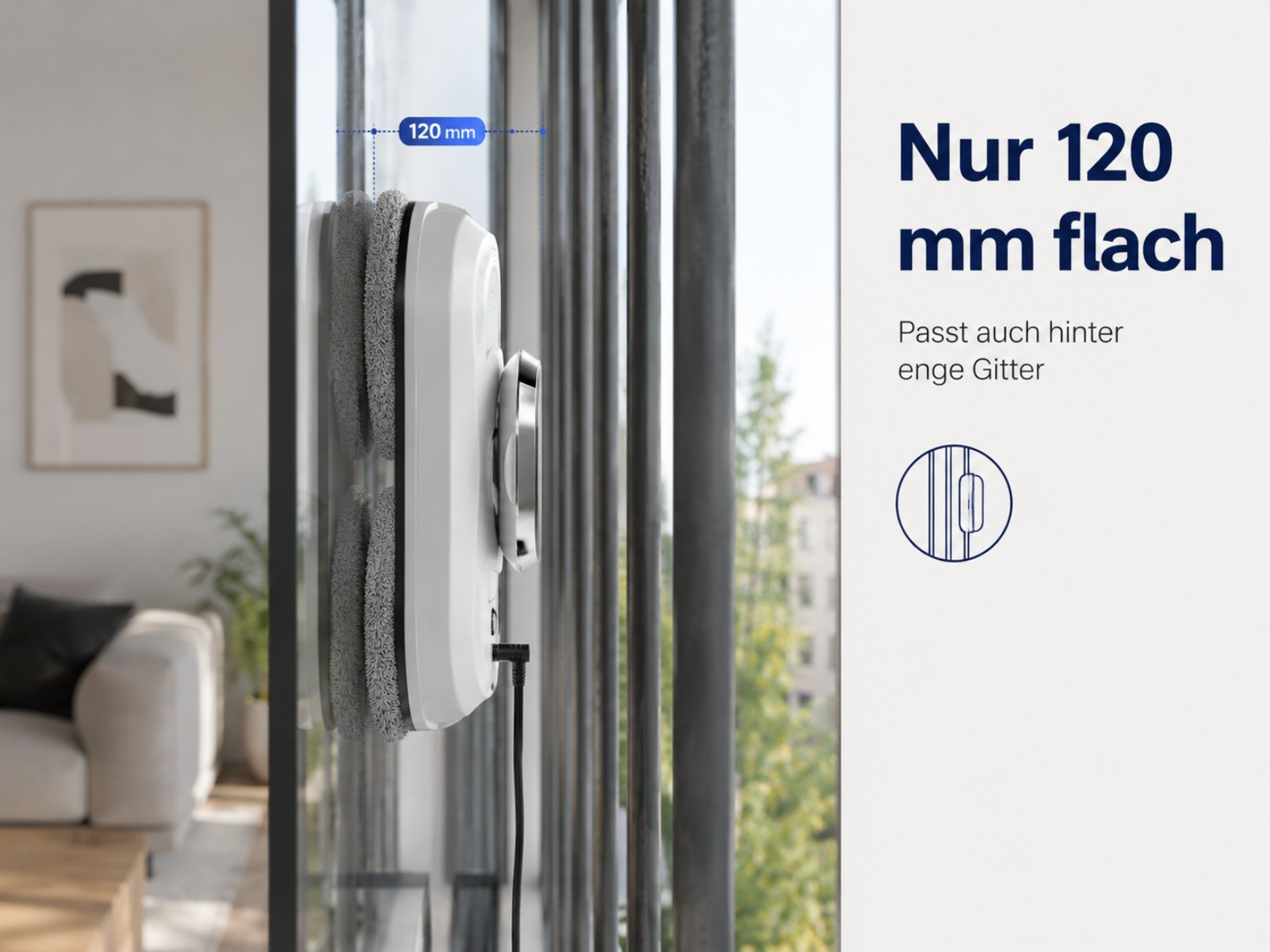 Ein weißer Fensterputzroboter haftet an einer Fensterscheibe, 120 mm dick.