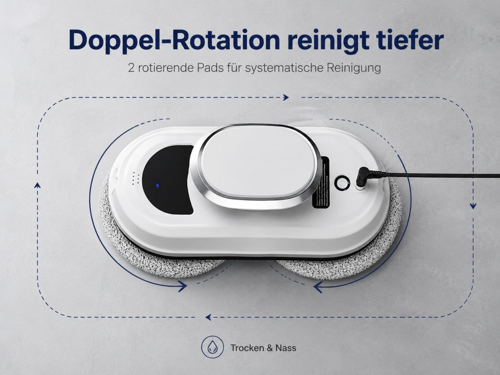 Ein weißer Fensterreinigungsroboter mit zwei rotierenden Pads auf einem grauen Hintergrund.