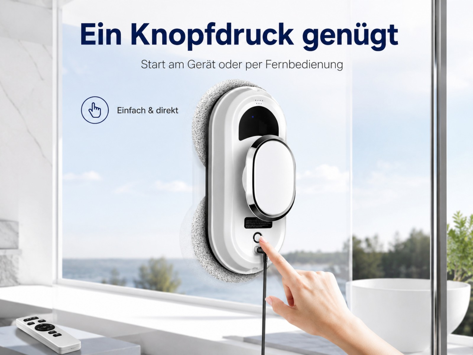 Ein weißer Fensterputzroboter wird von einer Hand an der Steckdose angeschlossen.