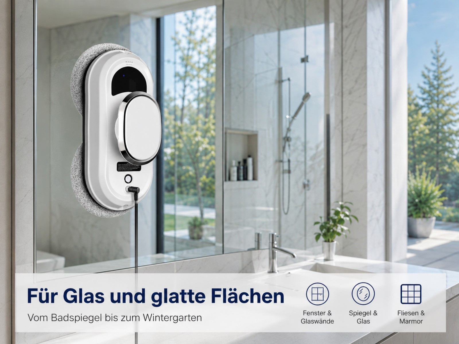 Ein weißer Fensterreinigungsroboter haftet an einer Glasfläche mit einem Badezimmer im Hintergrund.