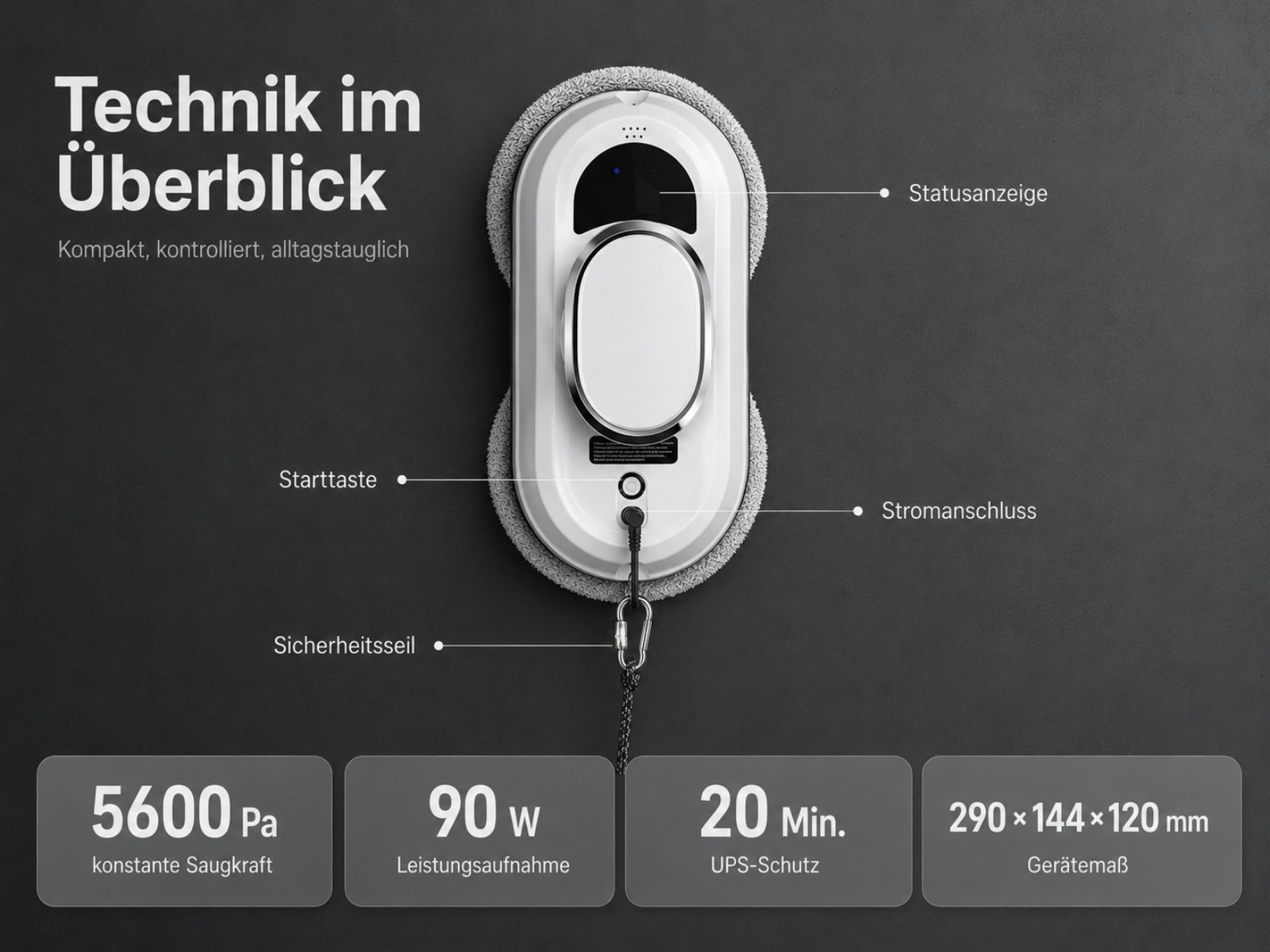 Ein weißer Fensterreinigungsroboter mit grauen Rändern auf dunklem Hintergrund.