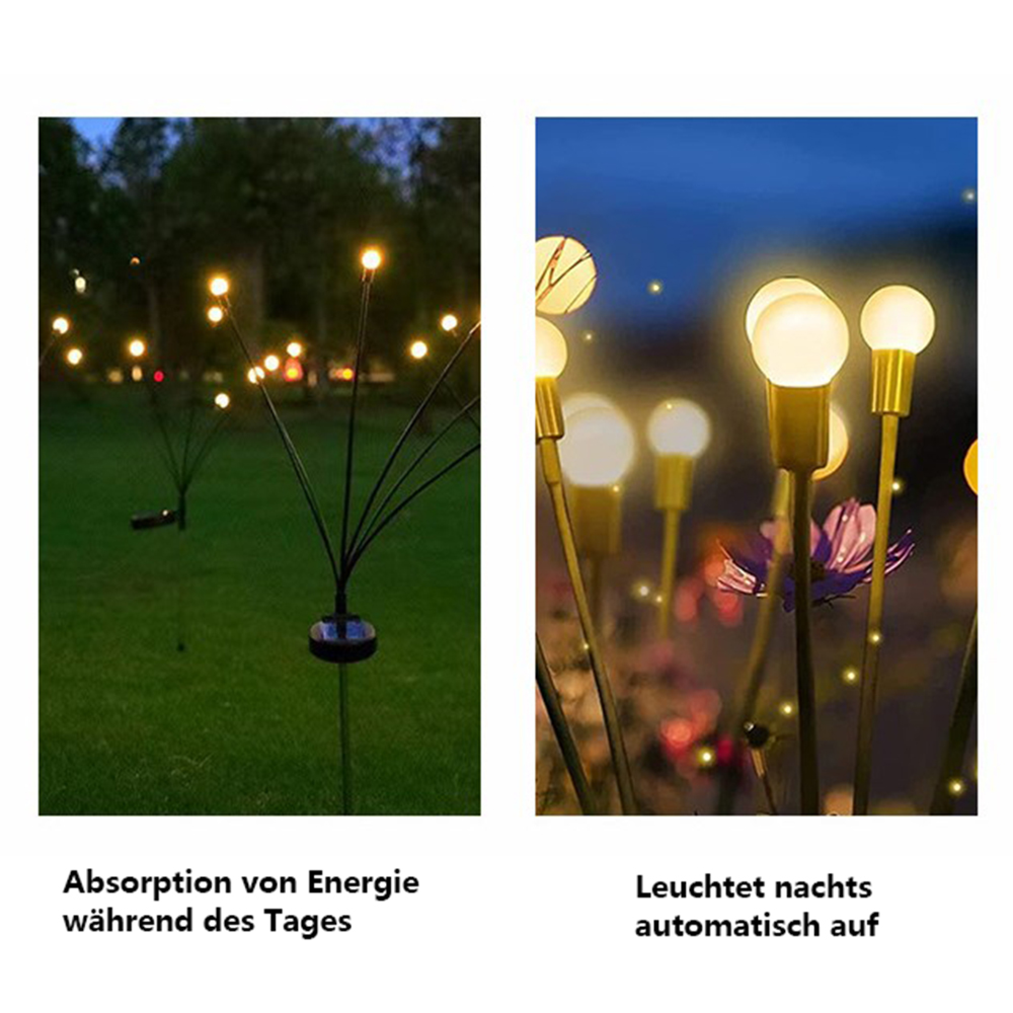 Solarleuchten auf Rasen und in Blumenbeet bei Nacht.
