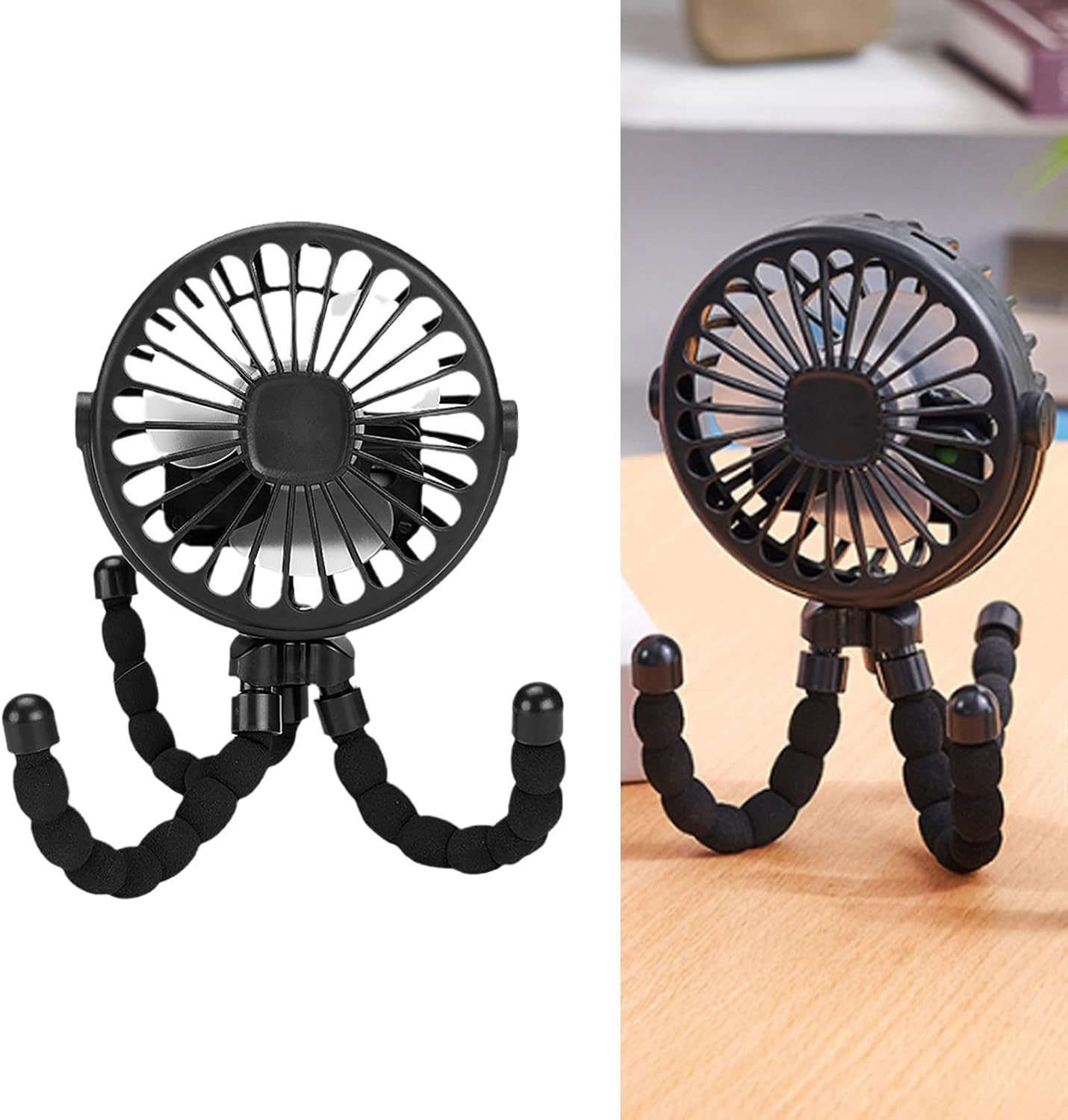 Ein schwarzer Ventilator mit flexiblen Beinen auf einem Holztisch.