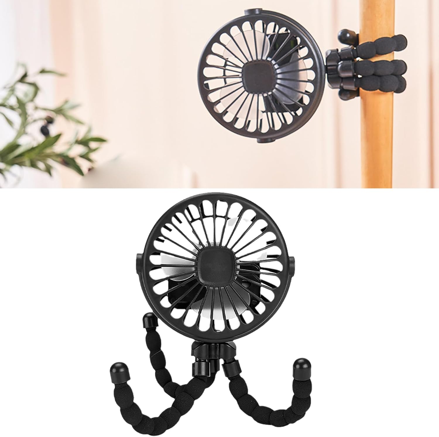 Ein schwarzer Ventilator mit flexiblen Beinen, der an einem Holzstab befestigt ist.