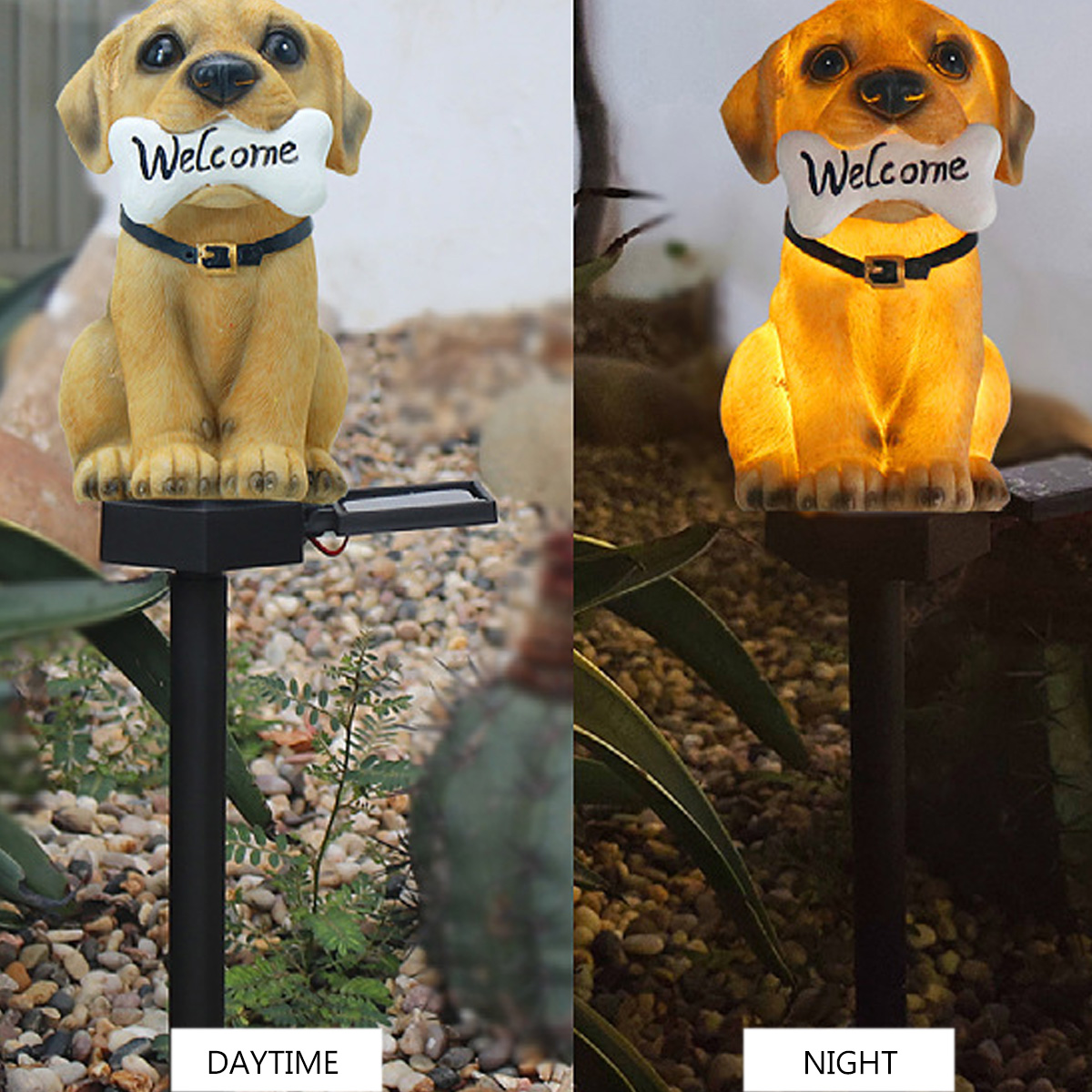 Hundestatue mit "Welcome"-Knochen, tagsüber und beleuchtet bei Nacht.