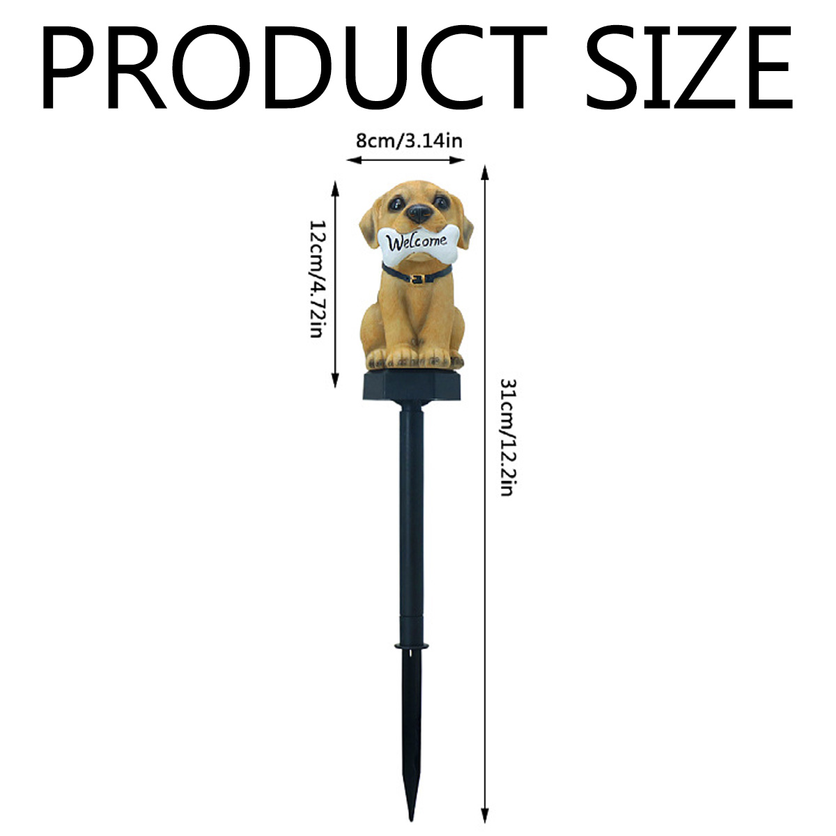 Produktgrößen-Grafik mit Hundestatue, Knochen und 'Welcome'-Text.