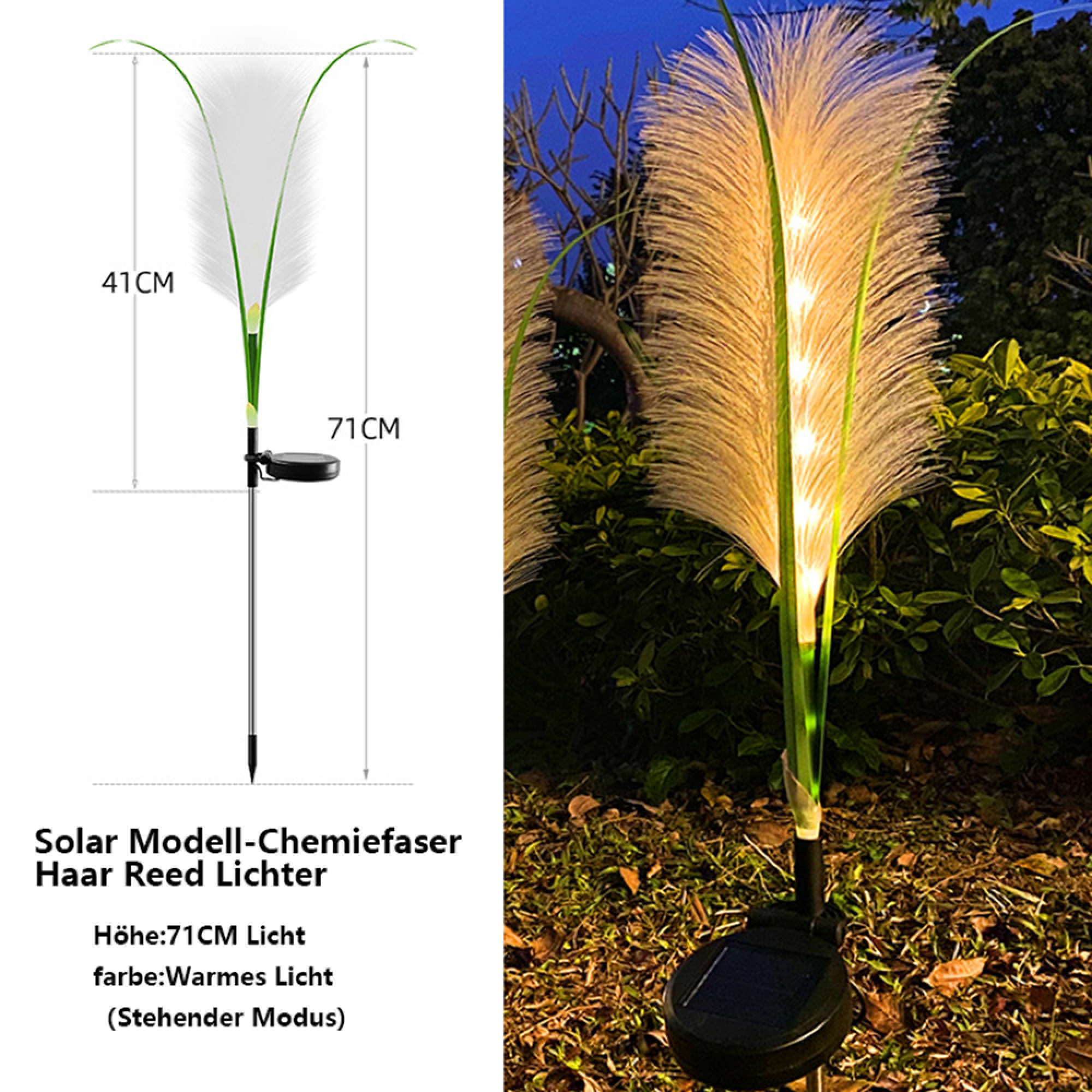 Solar-Graslicht, 71 cm hoch, warmweißes Licht, leuchtet im Gras.