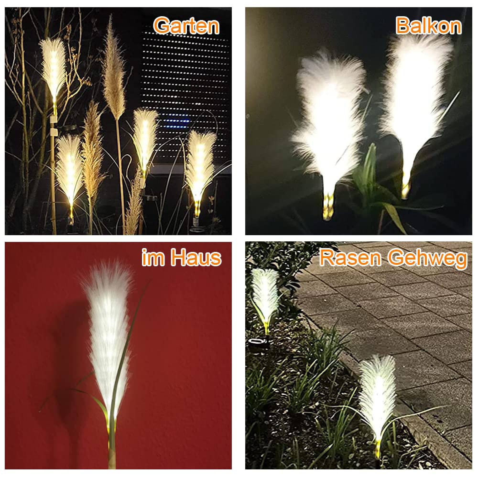 Beleuchtete Pampasgräser im Garten, auf dem Balkon, im Haus und am Rasenweg.