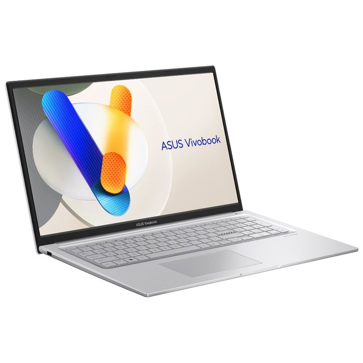Un portátil Asus Vivobook plateado con teclado y touchpad iluminados.
