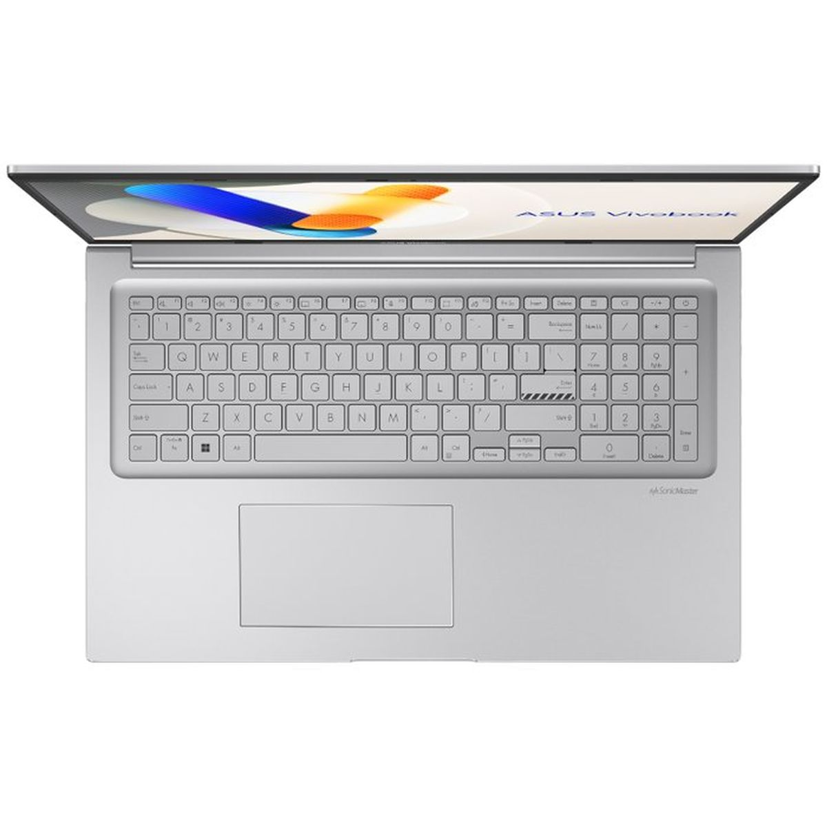 Portátil ASUS Vivobook plateado, abierto, muestra teclado y pantalla con arte abstracto.