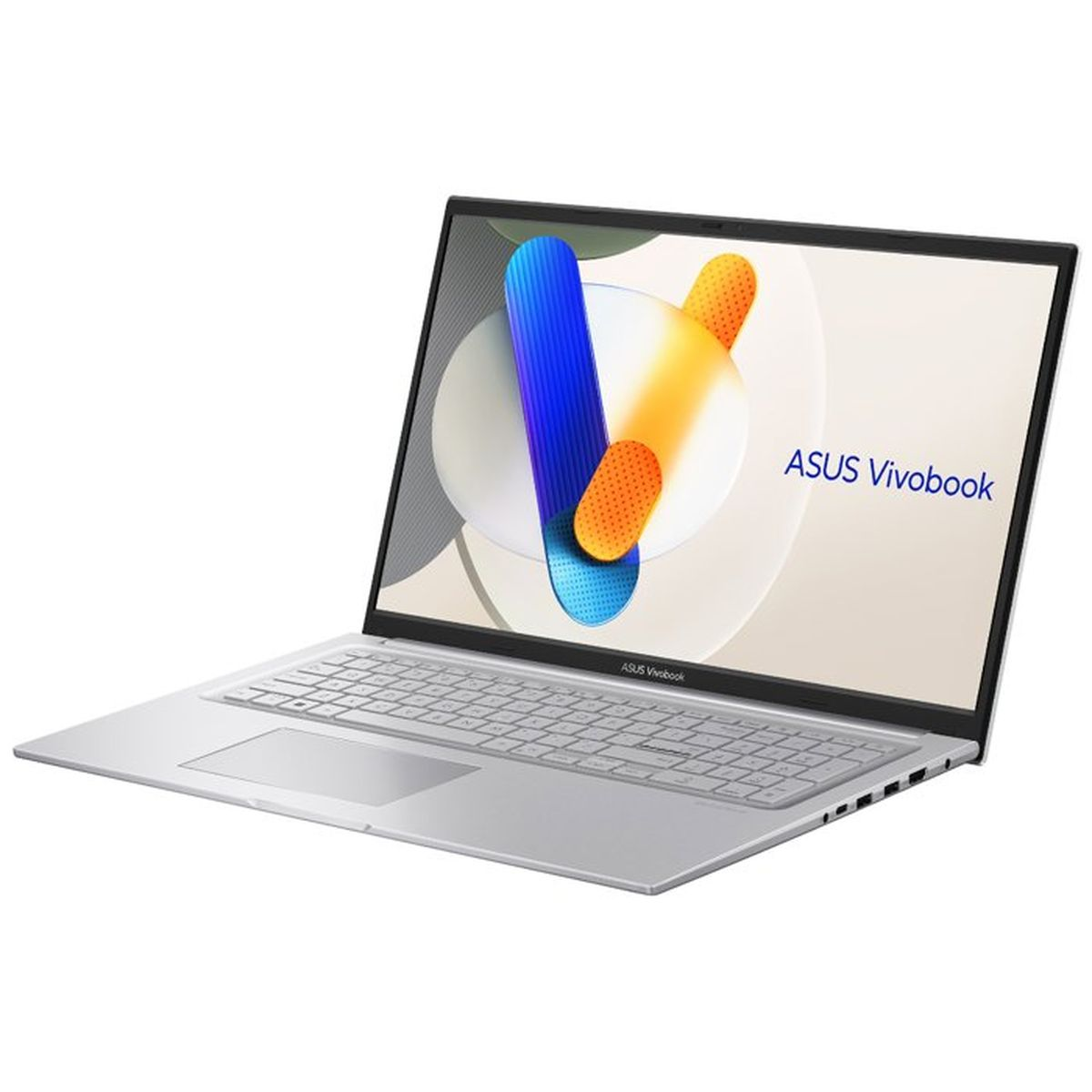 Un portátil plateado con la pantalla abierta, mostrando el logo de Asus Vivobook y formas.