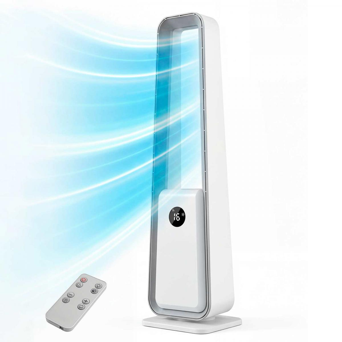 Ein weißer Turmventilator mit Fernbedienung und blauen Luftströmen.