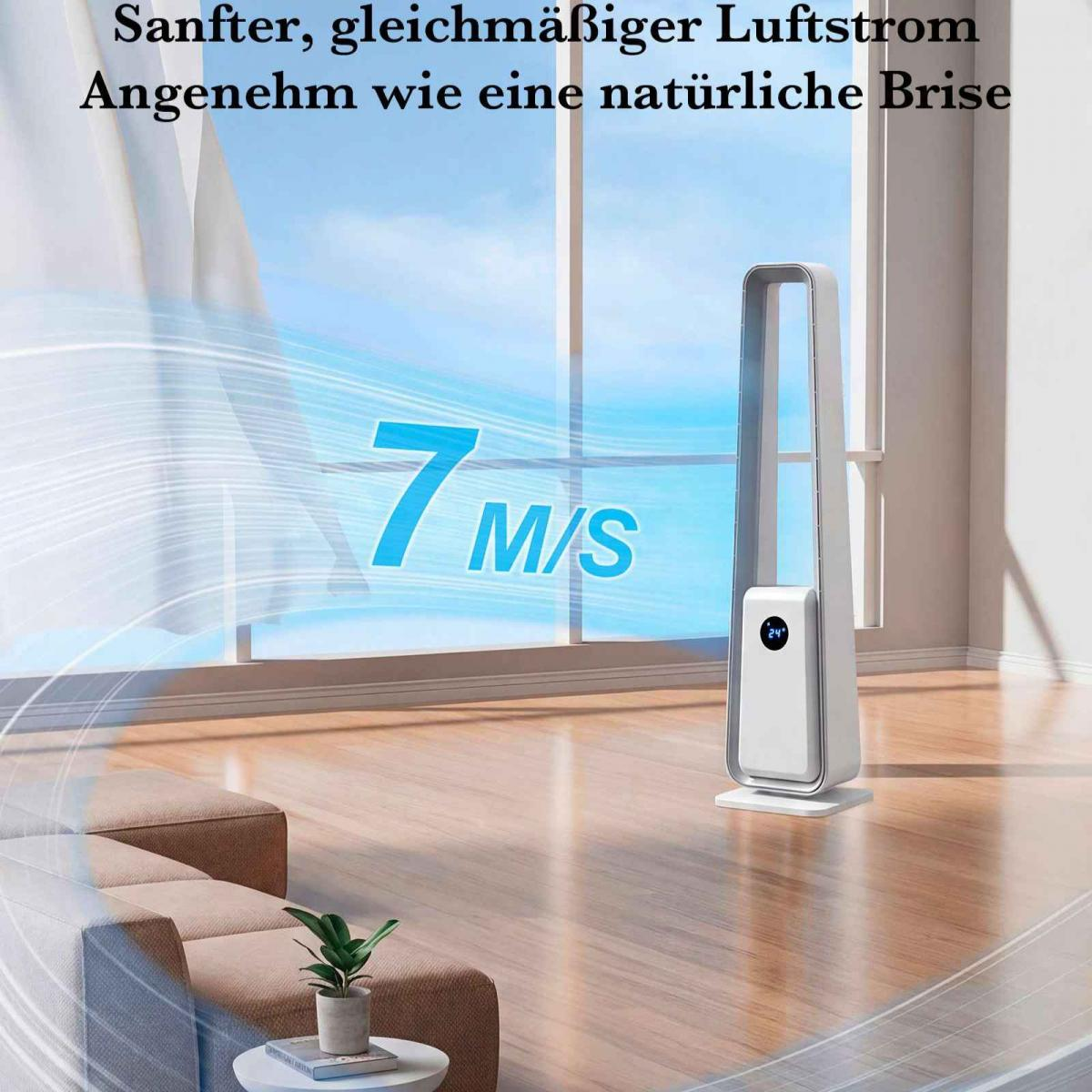 Ein weißer Turmventilator steht auf einem Holzboden vor einem großen Fenster.