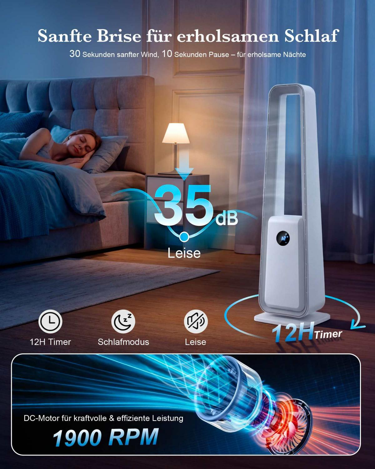 Eine Frau schläft im Bett, daneben ein Ventilator mit 35 dB Lautstärke.