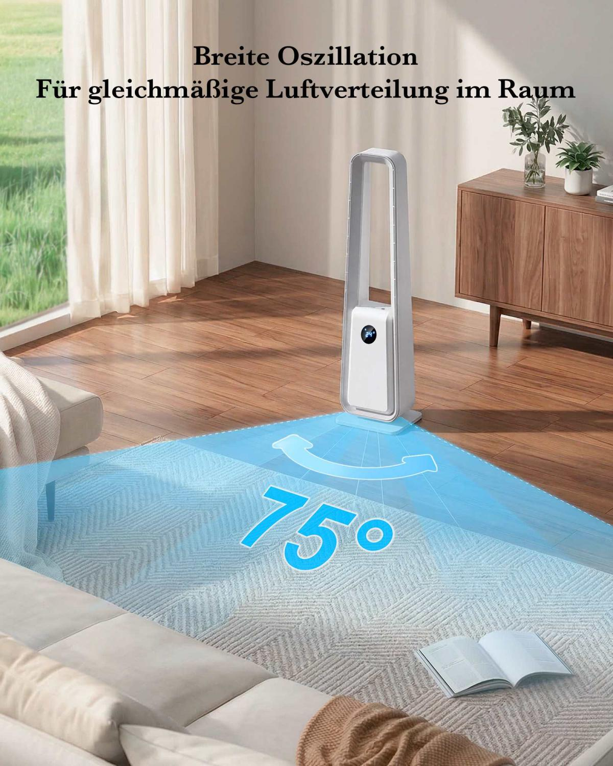 Ein Turmventilator mit 75° Oszillation auf einem Teppich.