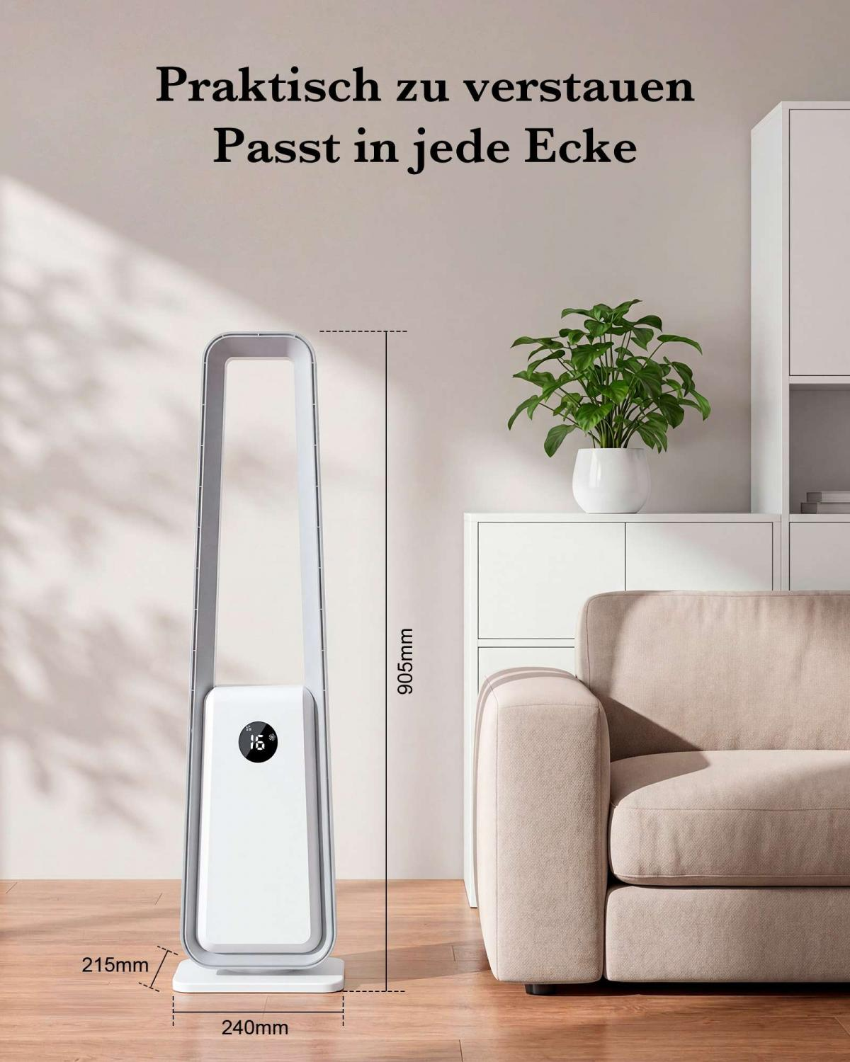 Ein weißer Turmventilator steht neben einem Sofa. Maße sind angegeben.