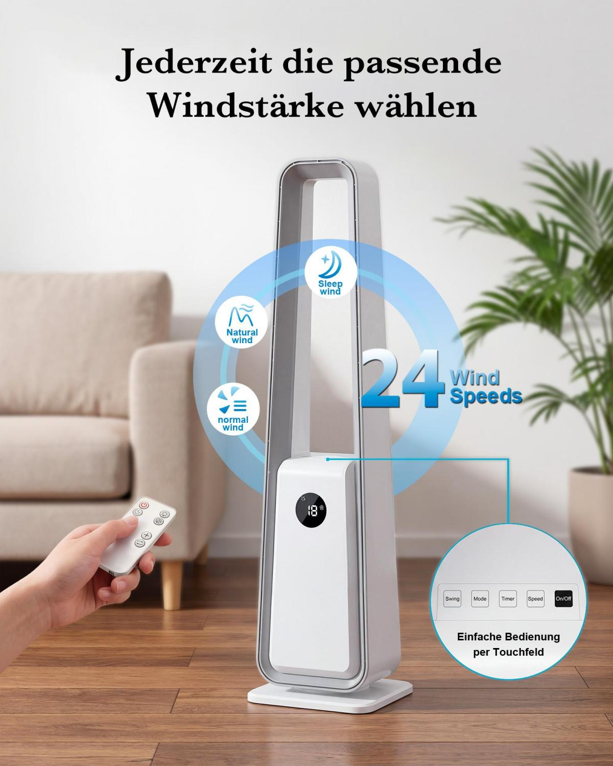 Ein weißer Standventilator mit Fernbedienung, 24 Geschwindigkeiten und Touch-Bedienung.