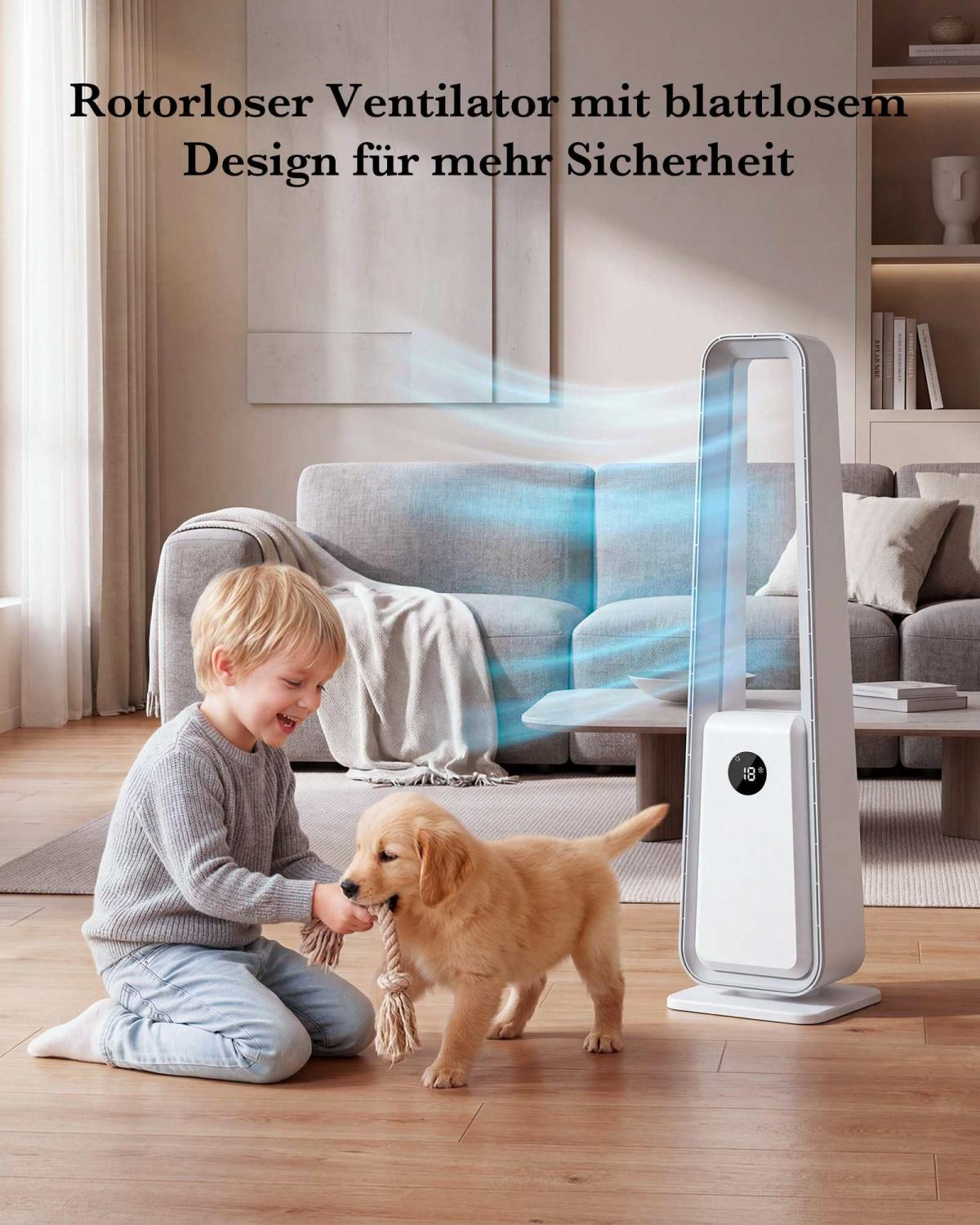 Ein Junge und ein Welpe spielen mit einem Seil vor einem Ventilator im Wohnzimmer.