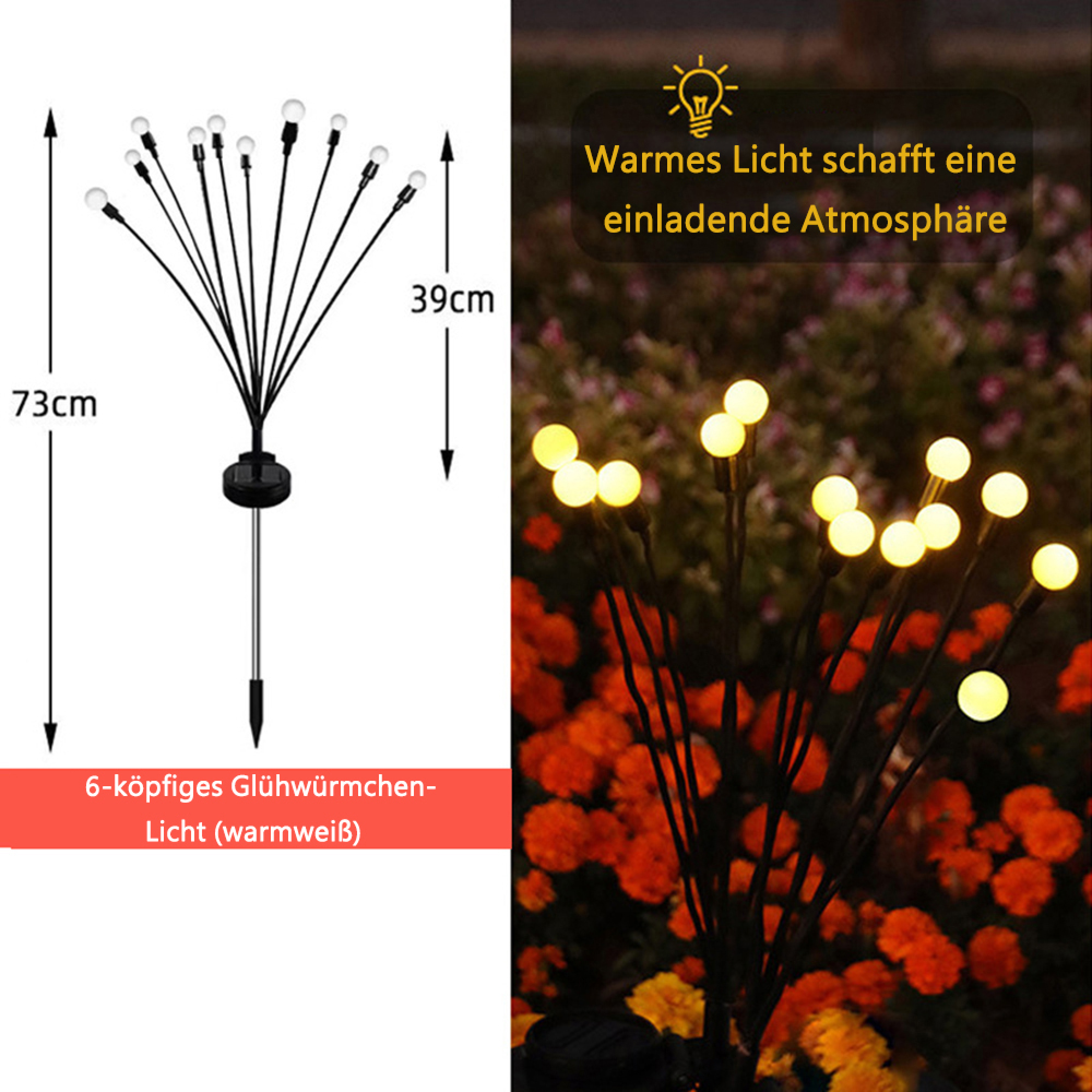 Gartenleuchte mit 6 Glühwürmchen-Lichtern, warmweiß, 73cm hoch.