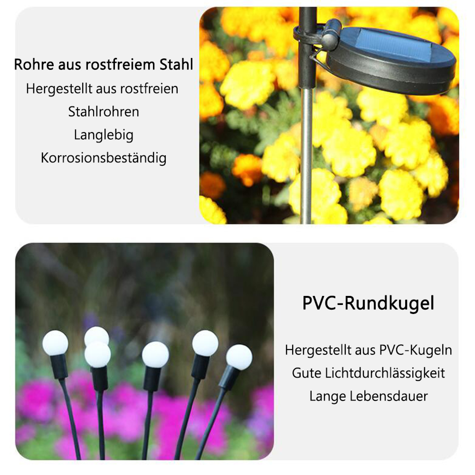 Edelstahlrohre und PVC-Kugellichter im Garten.