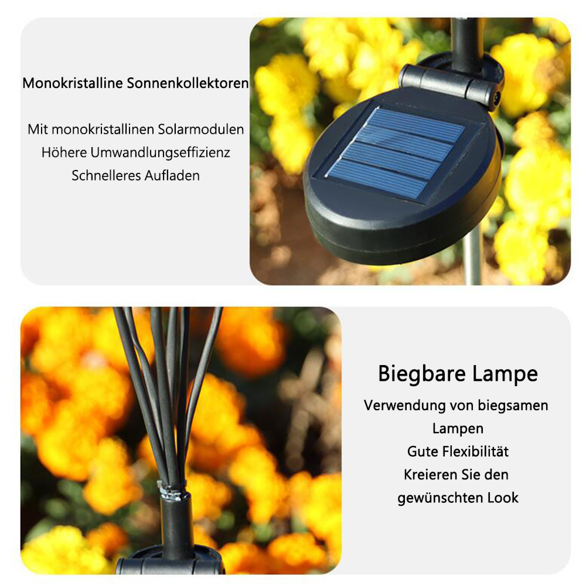 Nahaufnahme eines Solarmoduls und biegsamer Lampen vor Blumen.