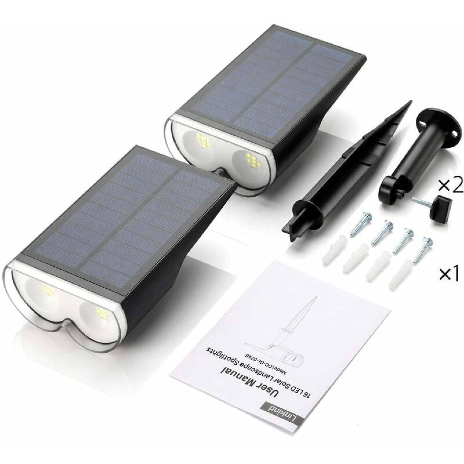 Zwei Solar-Gartenleuchten mit Zubehör und Anleitung auf weißem Hintergrund.