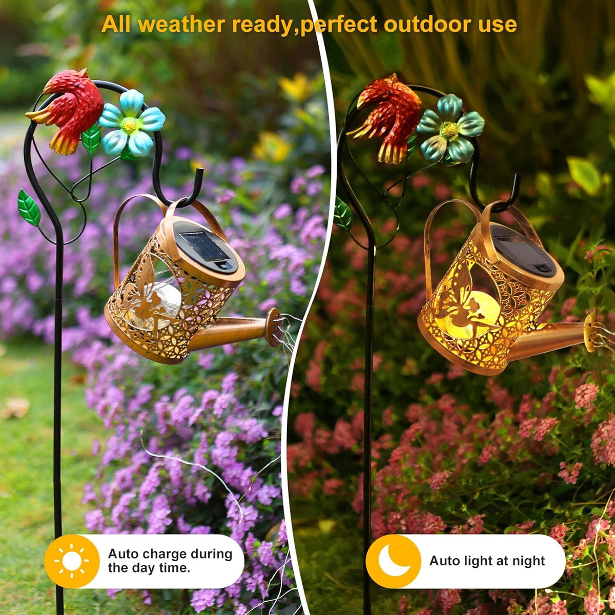 Gartenleuchte in Gießkannenform mit Vogel- und Blumendekor, Tag und Nacht.