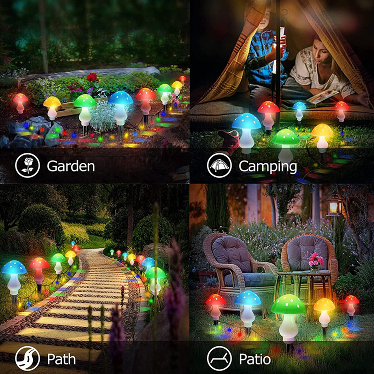 Bunte Pilzleuchten schmücken Garten, Camping, Weg und Terrasse.