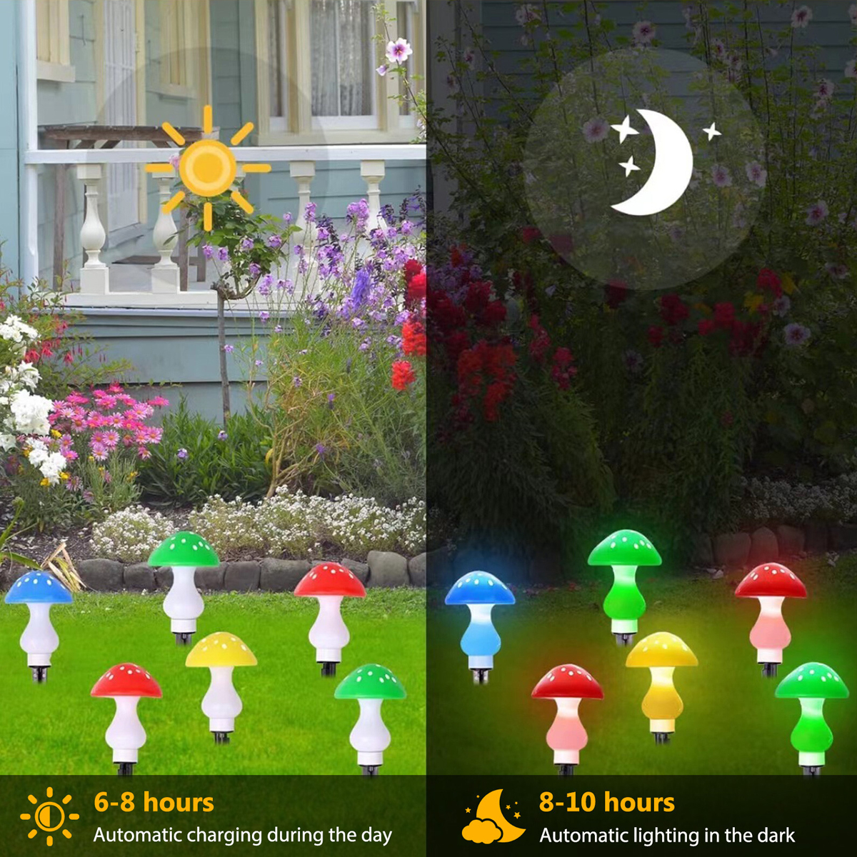 Pilzförmige Solarleuchten im Garten bei Tag und Nacht.