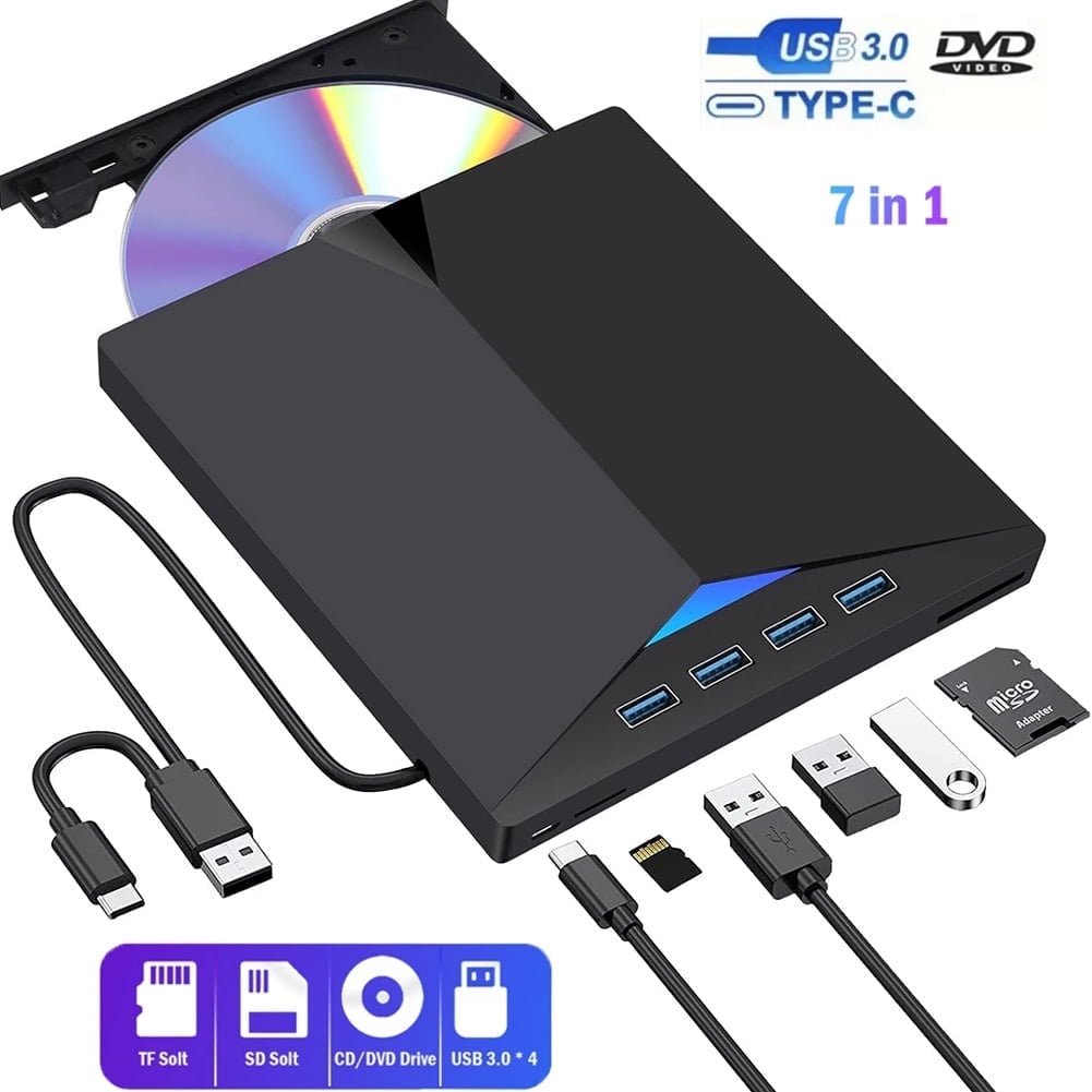 Schwarzer 7-in-1 USB-C-Hub mit CD/DVD-Laufwerk, USB-Ports und Kartenlesern.