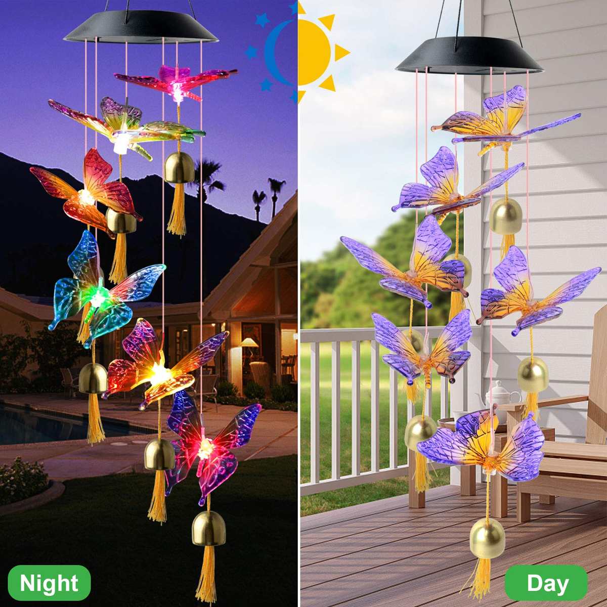 Solar-Windspiel mit bunten Schmetterlingen, beleuchtet bei Nacht und tagsüber.
